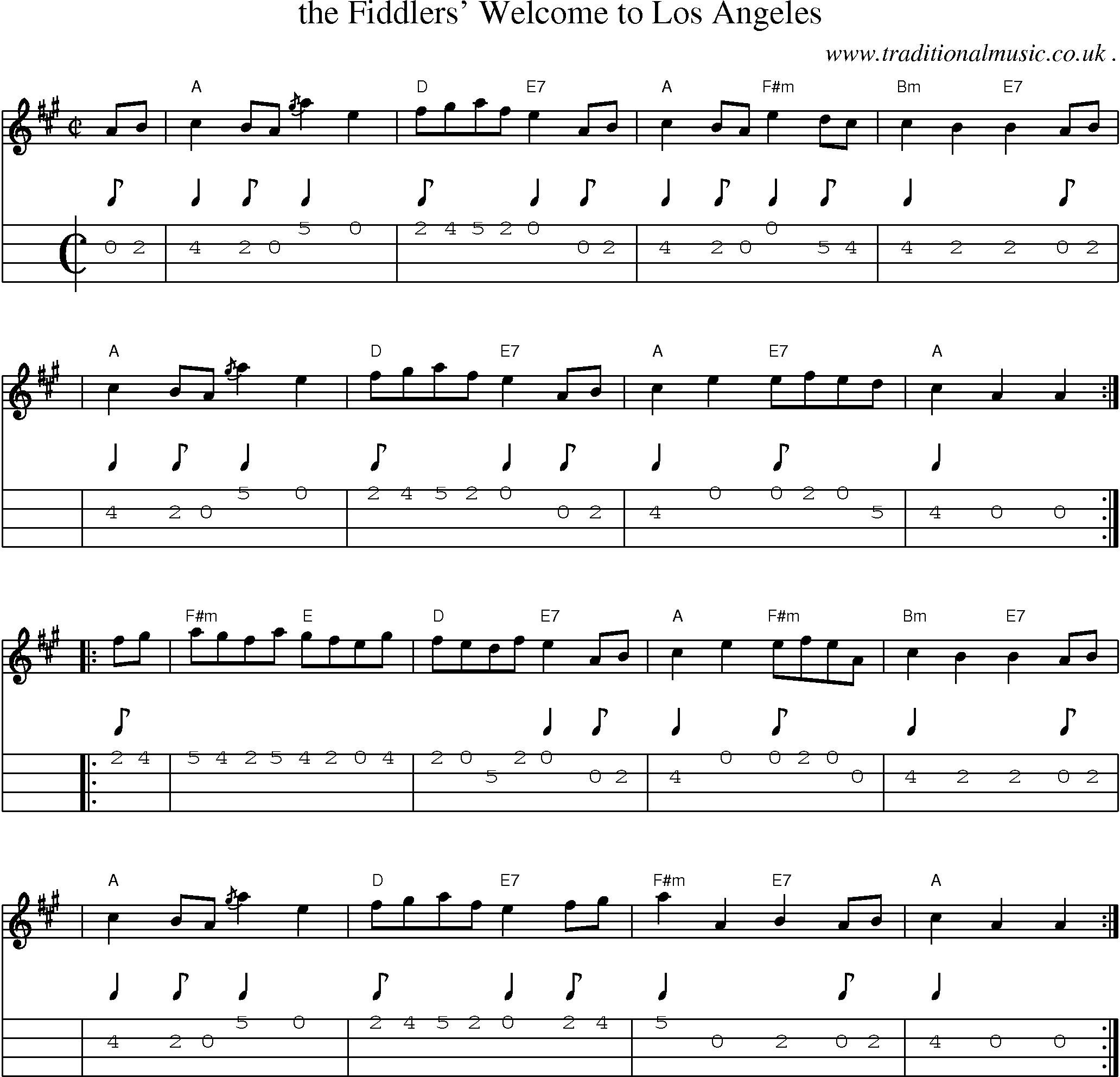 Sheet-music  score, Chords and Mandolin Tabs for The Fiddlers Welcome To Los Angeles