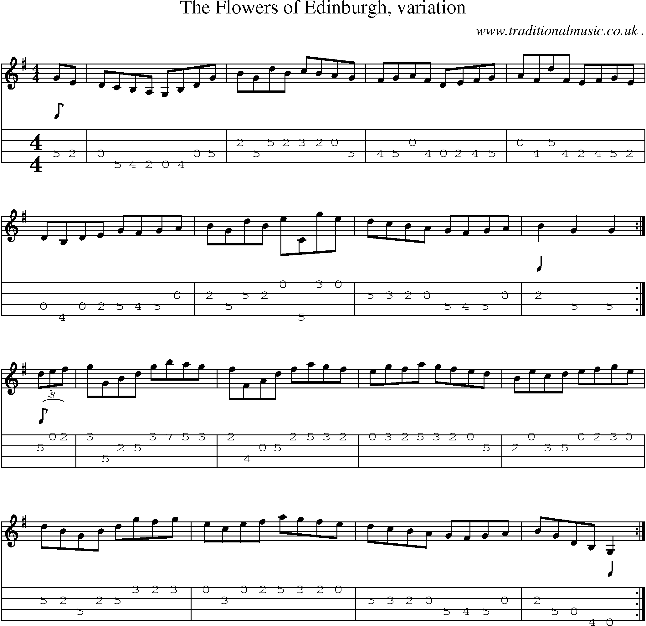 Sheet-music  score, Chords and Mandolin Tabs for The Flowers Of Edinburgh Variation
