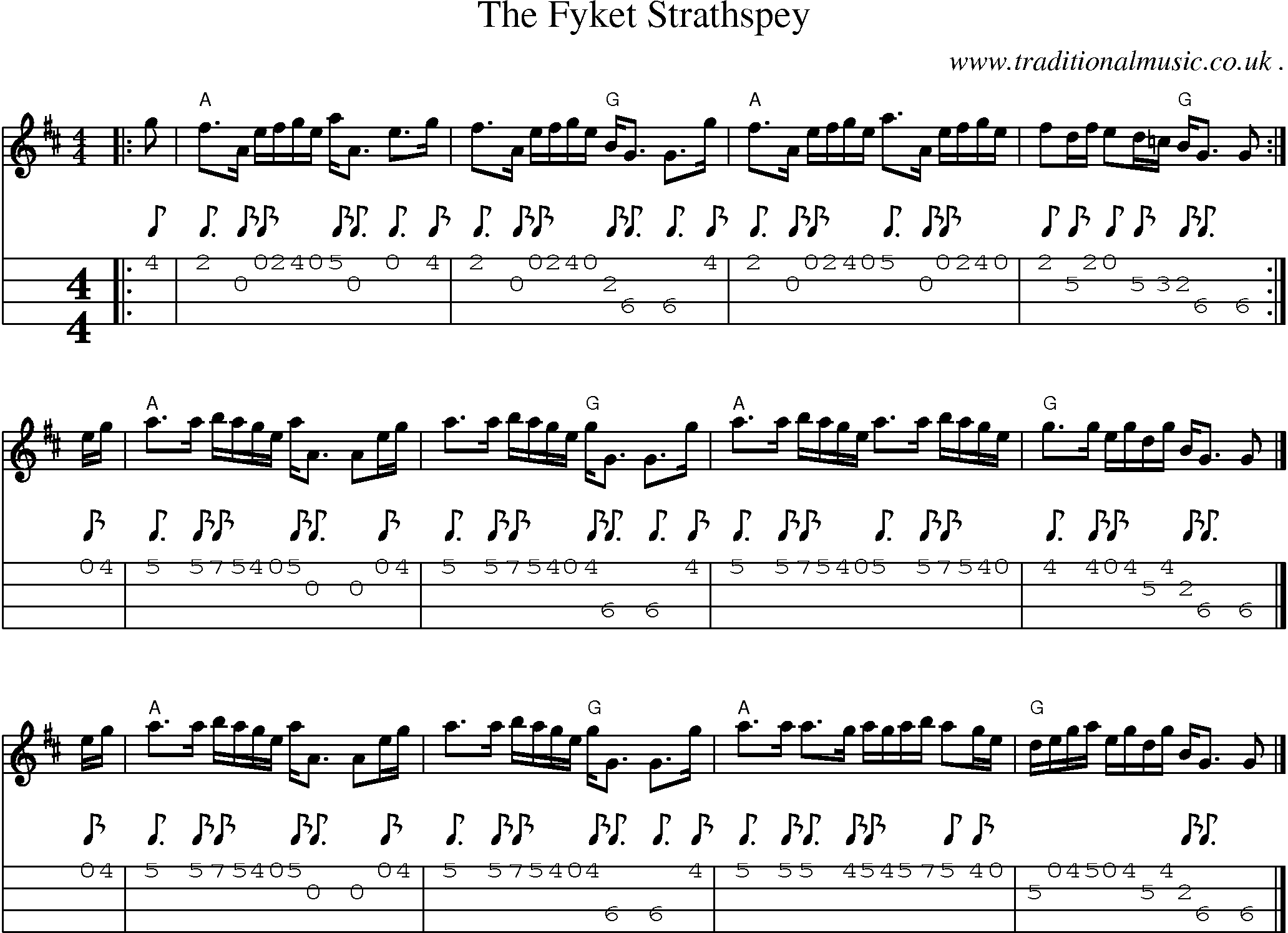 Sheet-music  score, Chords and Mandolin Tabs for The Fyket Strathspey