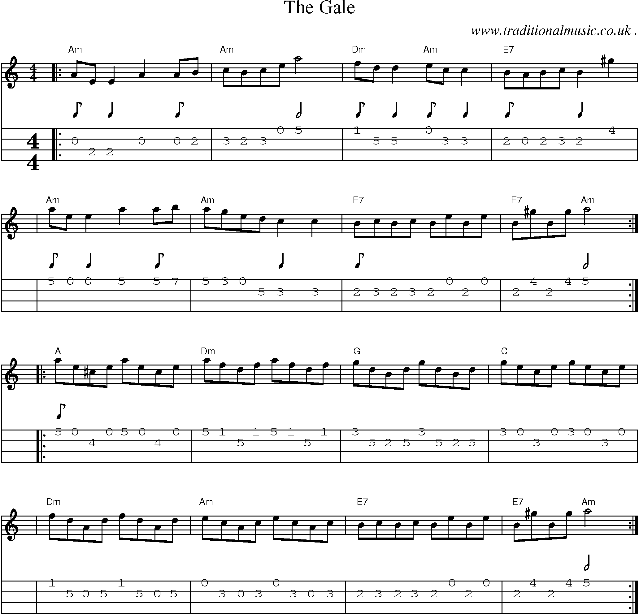 Sheet-music  score, Chords and Mandolin Tabs for The Gale