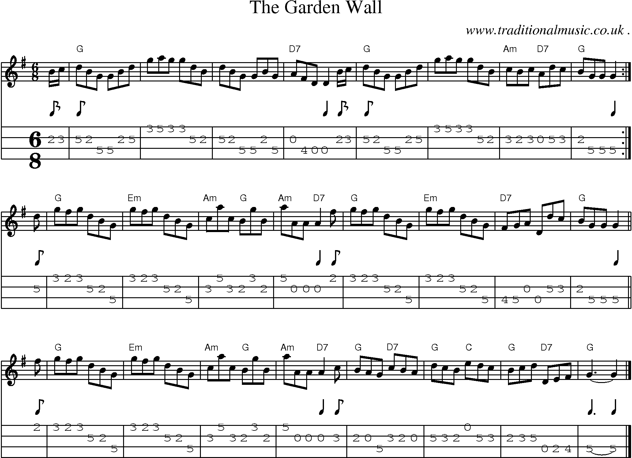 Sheet-music  score, Chords and Mandolin Tabs for The Garden Wall