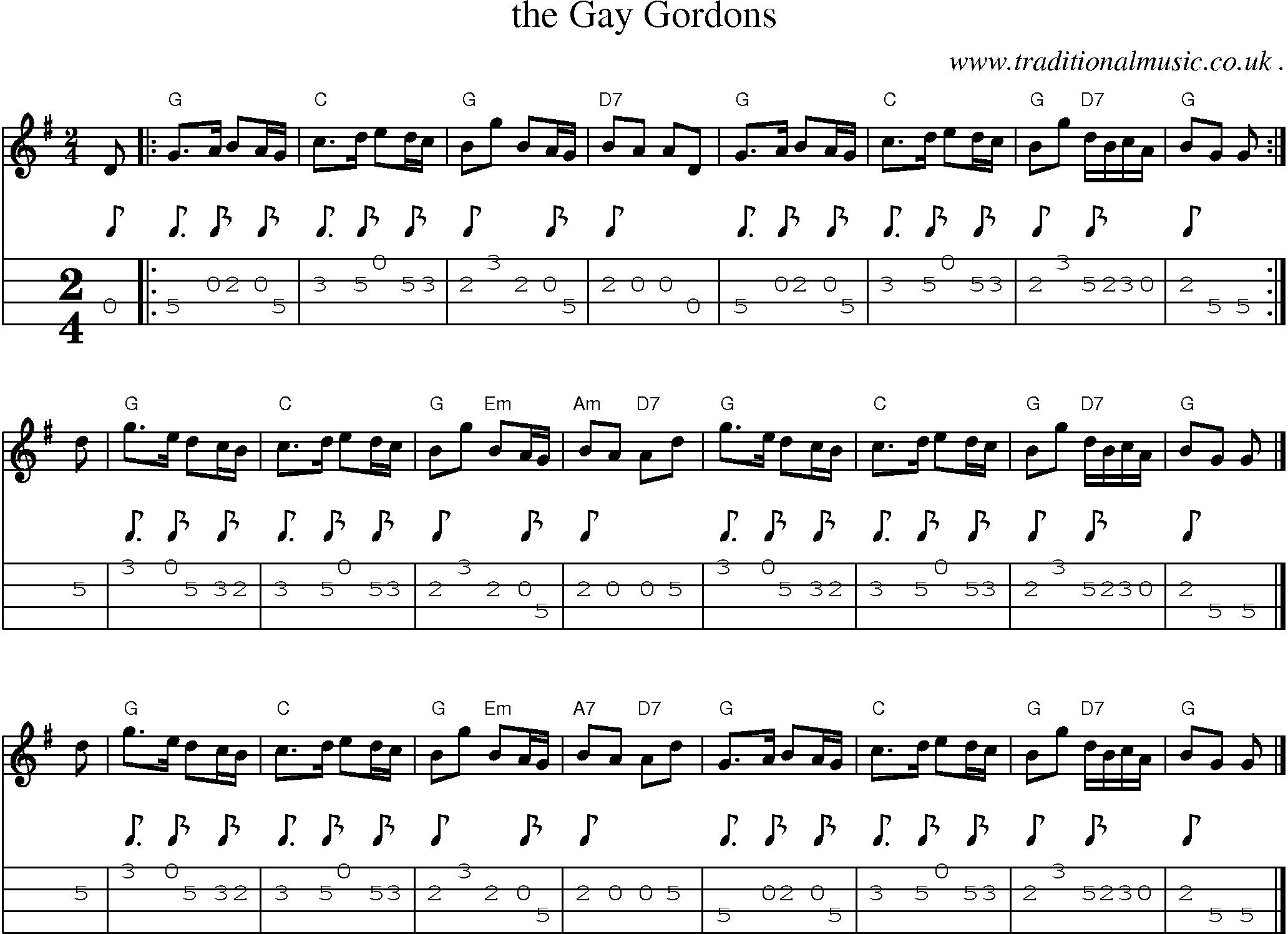 Sheet-music  score, Chords and Mandolin Tabs for The Gay Gordons