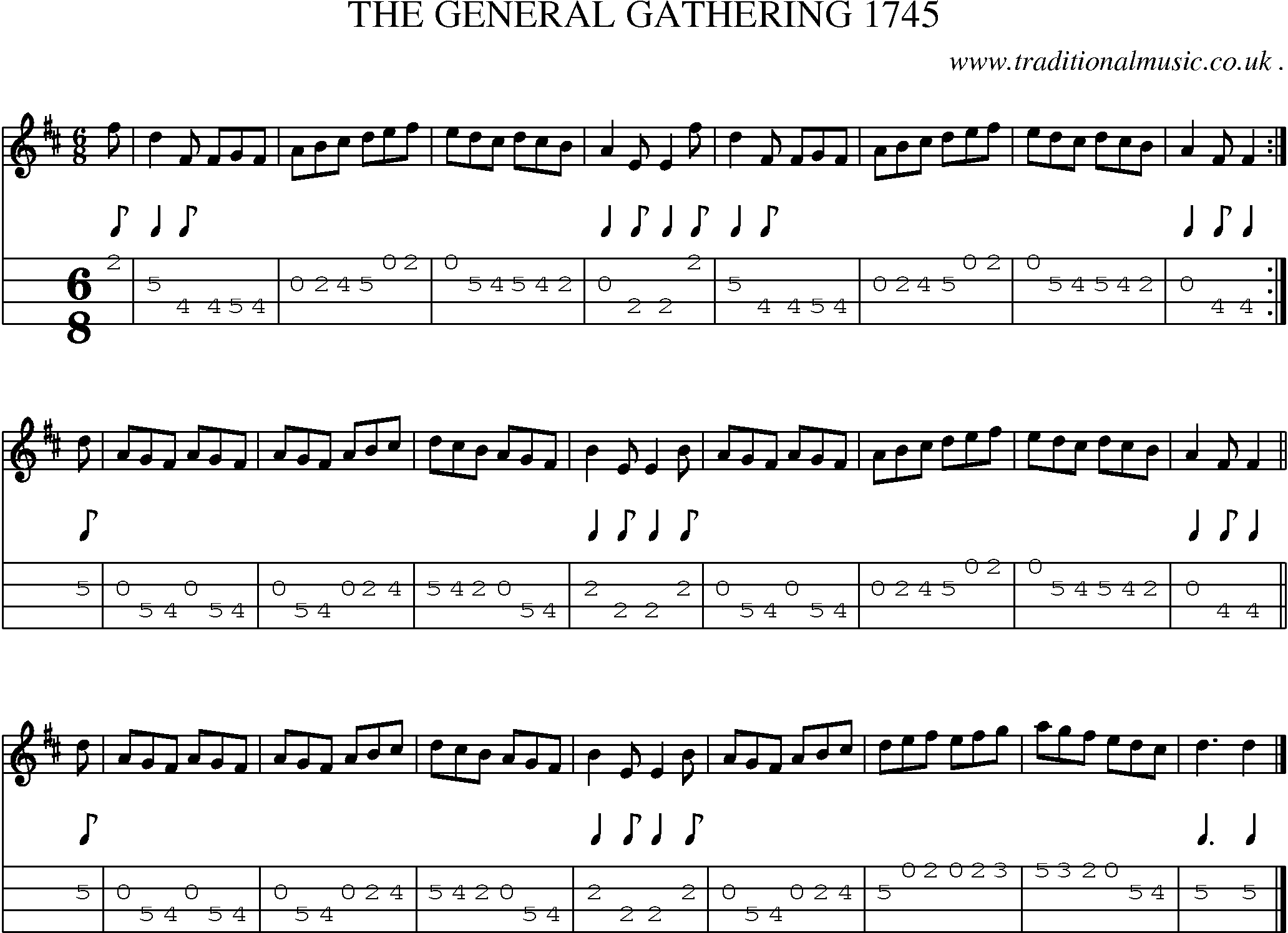 Sheet-music  score, Chords and Mandolin Tabs for The General Gathering 1745
