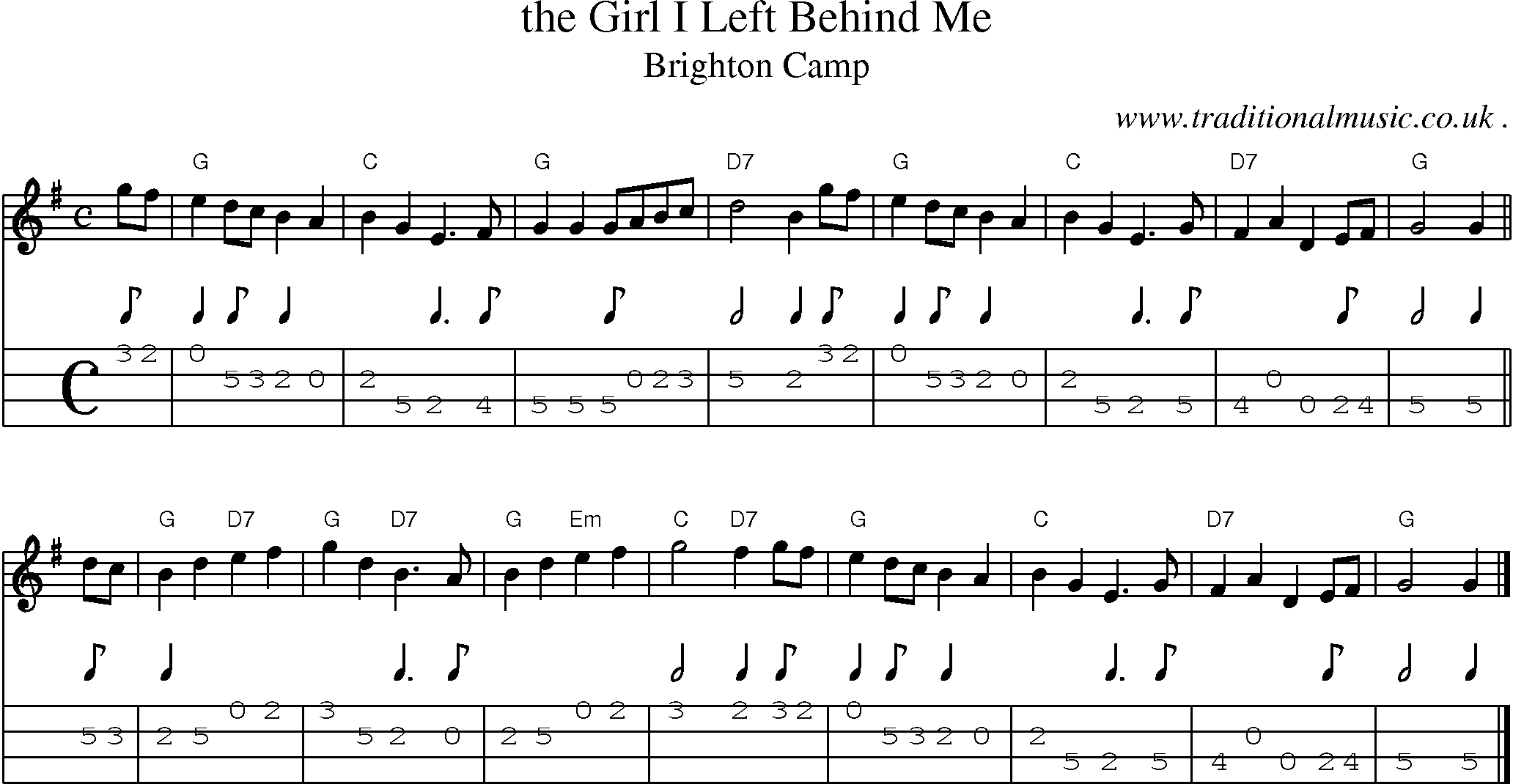 Sheet-music  score, Chords and Mandolin Tabs for The Girl I Left Behind Me
