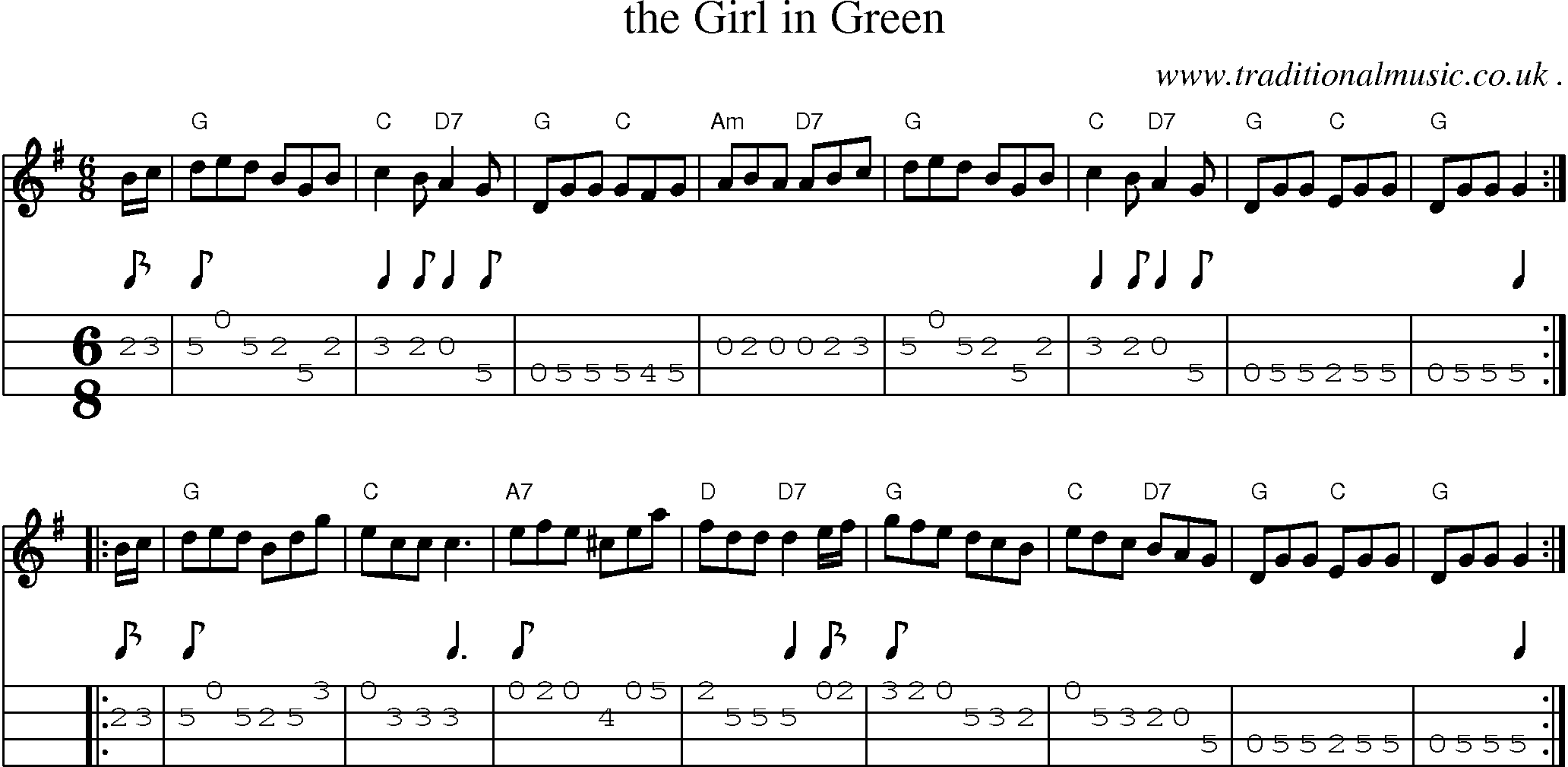 Sheet-music  score, Chords and Mandolin Tabs for The Girl In Green