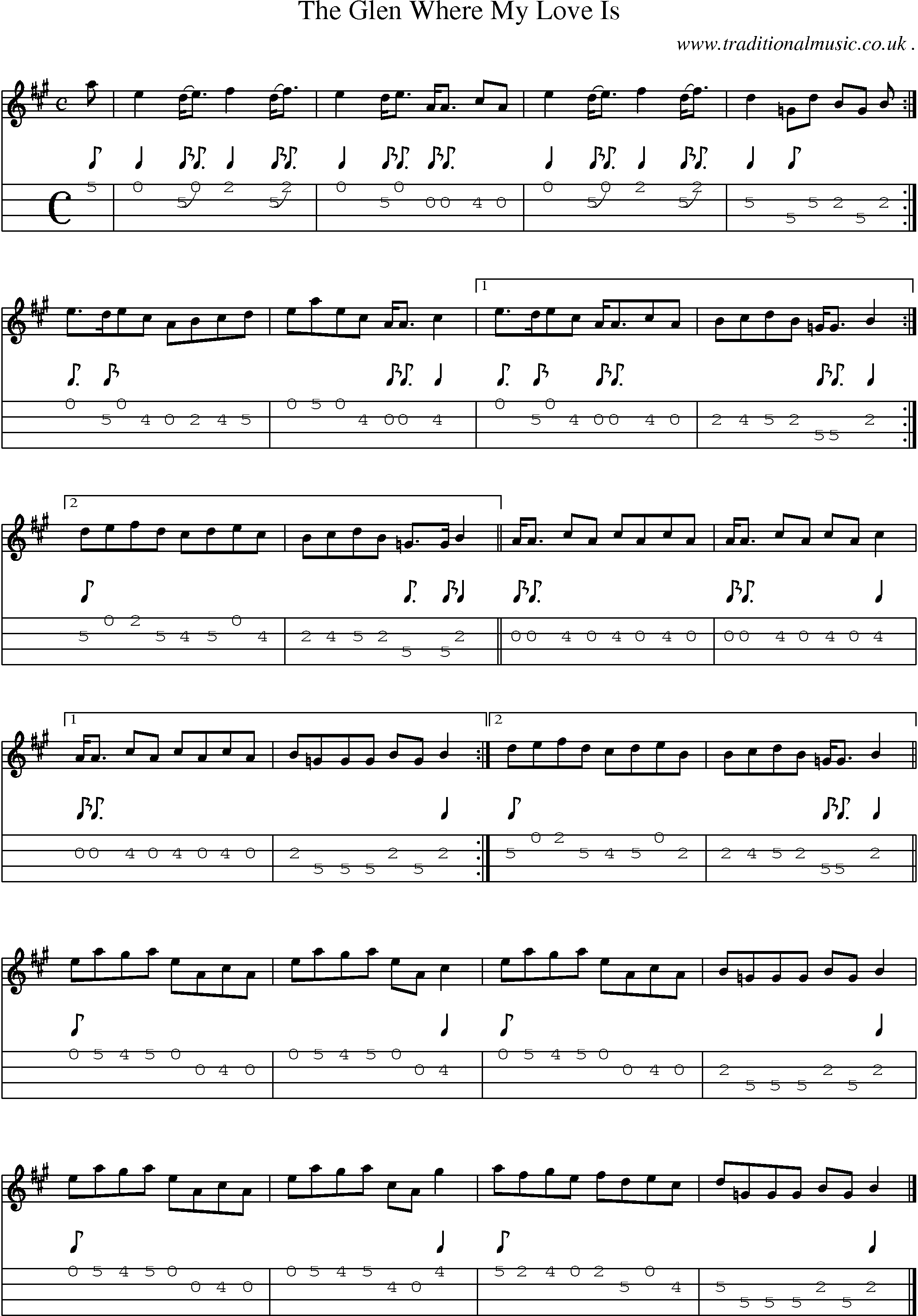 Sheet-music  score, Chords and Mandolin Tabs for The Glen Where My Love Is