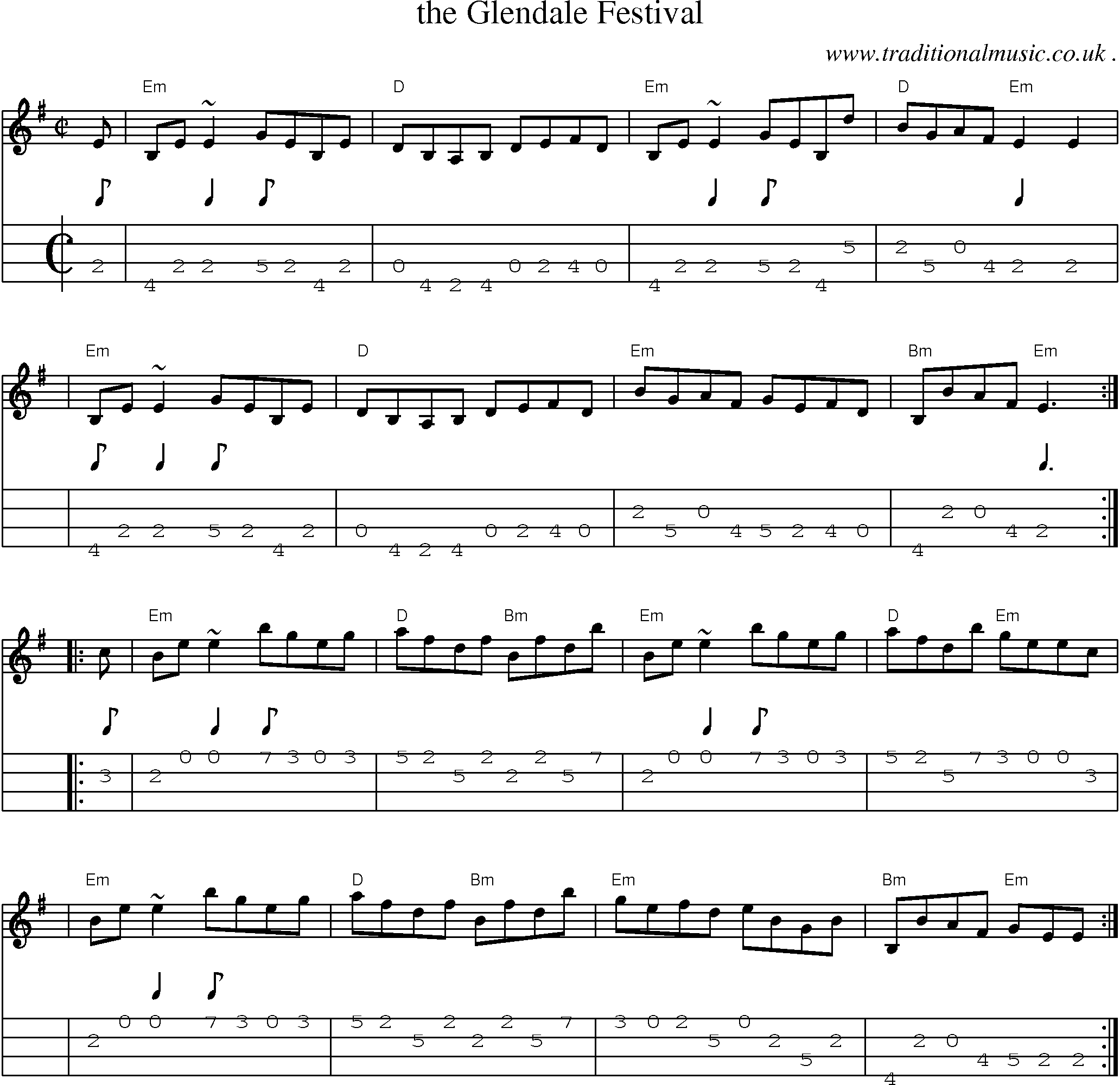 Sheet-music  score, Chords and Mandolin Tabs for The Glendale Festival