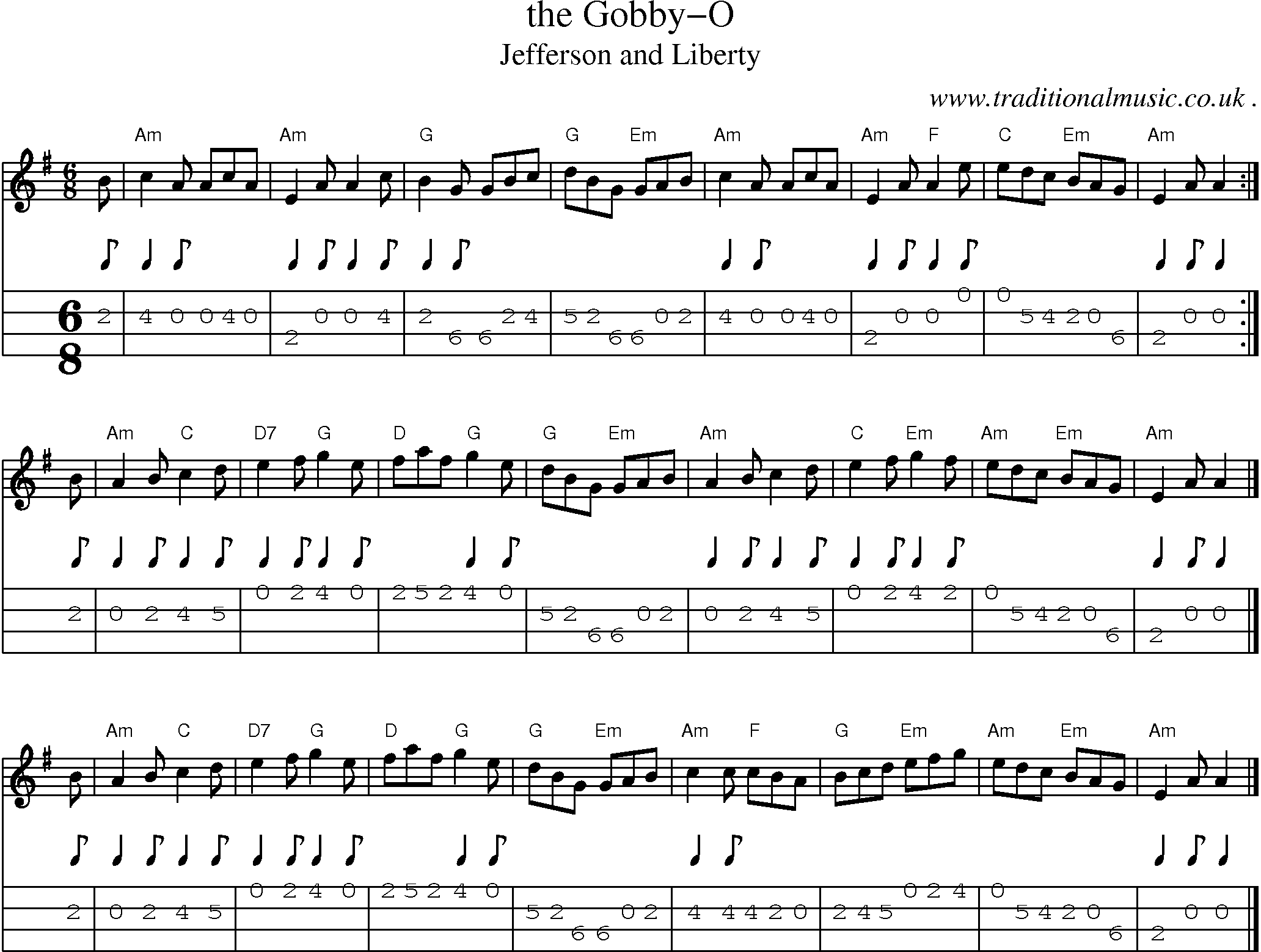 Sheet-music  score, Chords and Mandolin Tabs for The Gobby-o