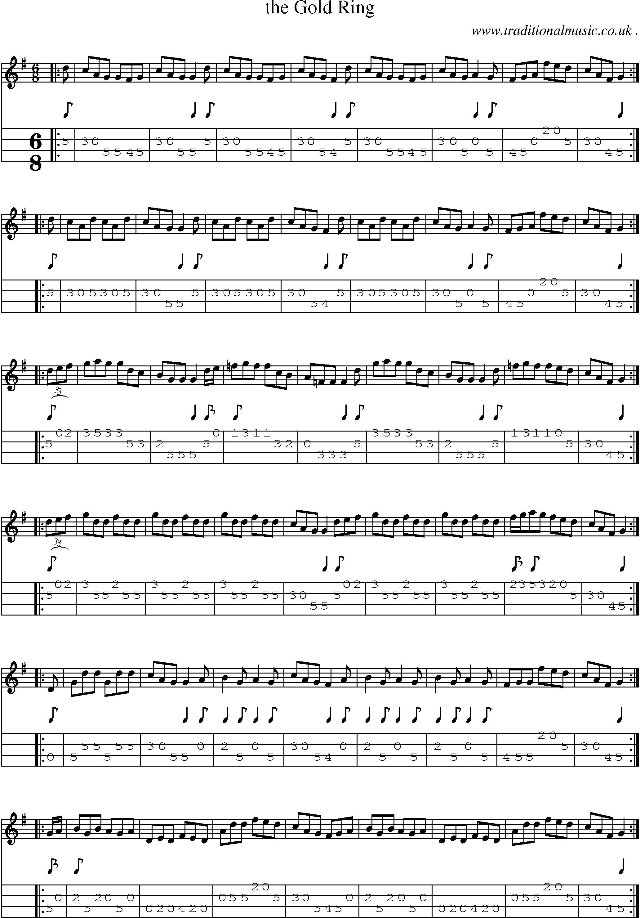 Sheet-music  score, Chords and Mandolin Tabs for The Gold Ring