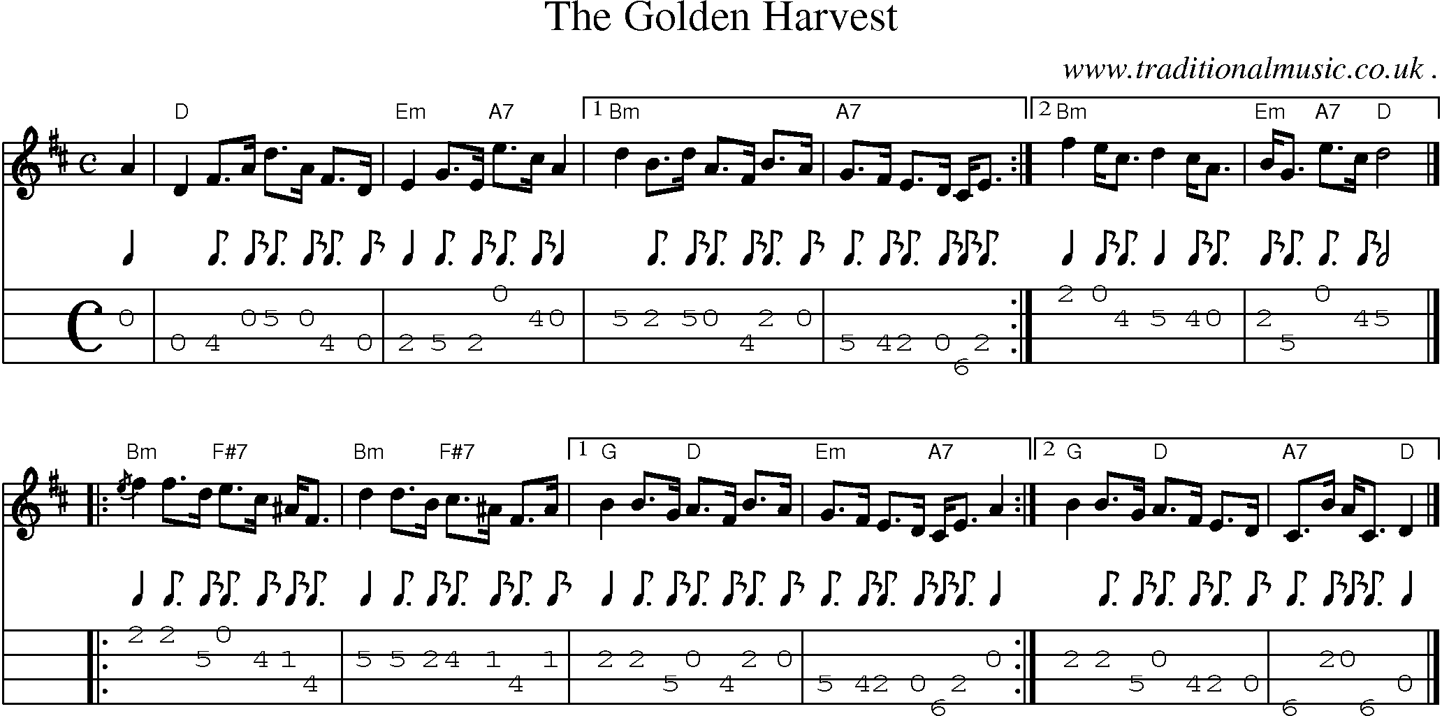 Sheet-music  score, Chords and Mandolin Tabs for The Golden Harvest