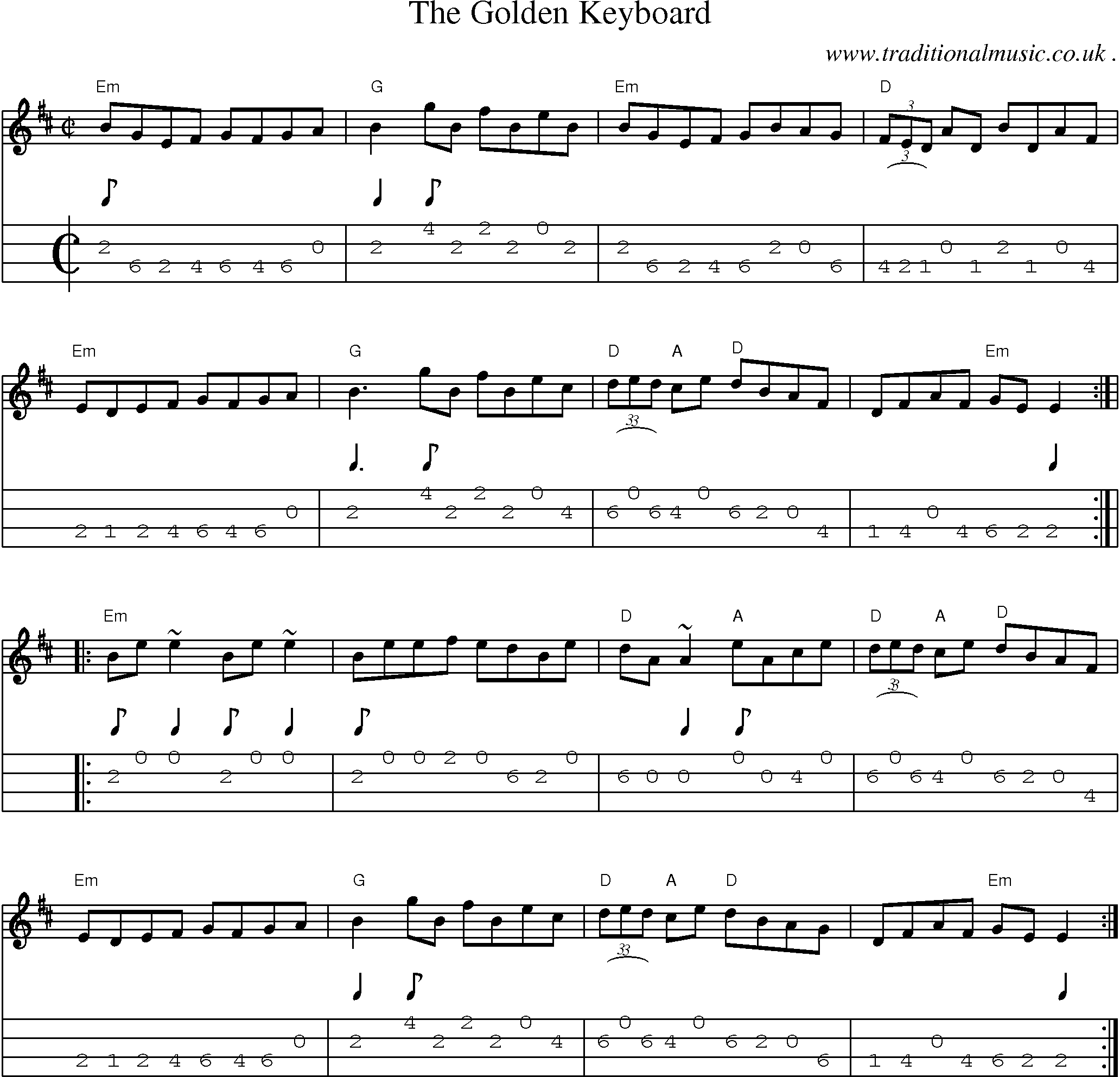 Sheet-music  score, Chords and Mandolin Tabs for The Golden Keyboard