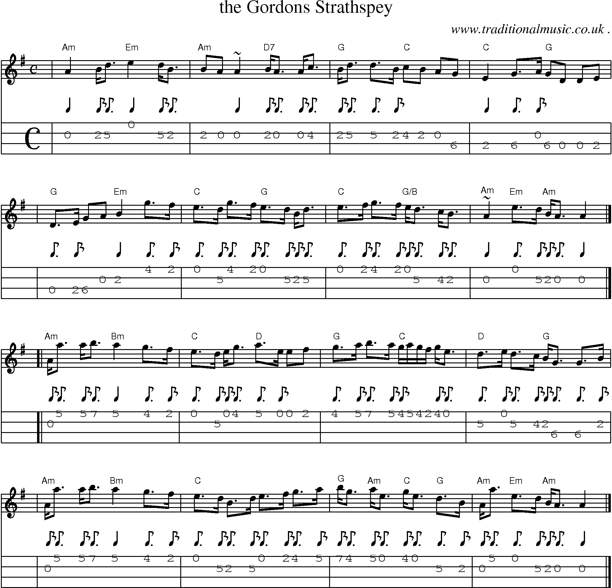 Sheet-music  score, Chords and Mandolin Tabs for The Gordons Strathspey