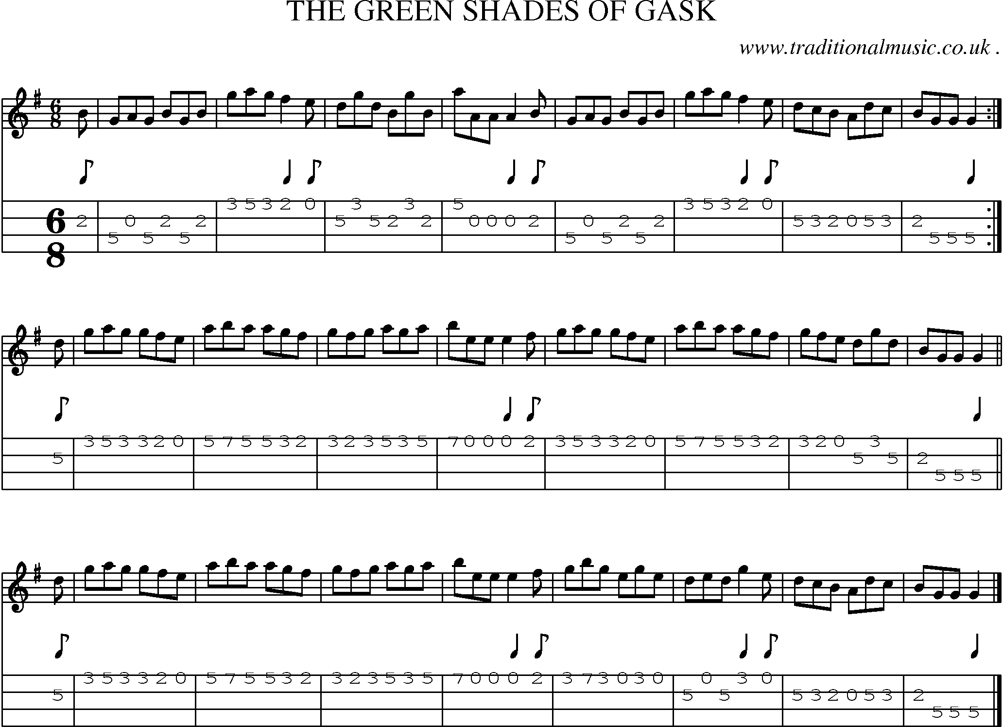Sheet-music  score, Chords and Mandolin Tabs for The Green Shades Of Gask