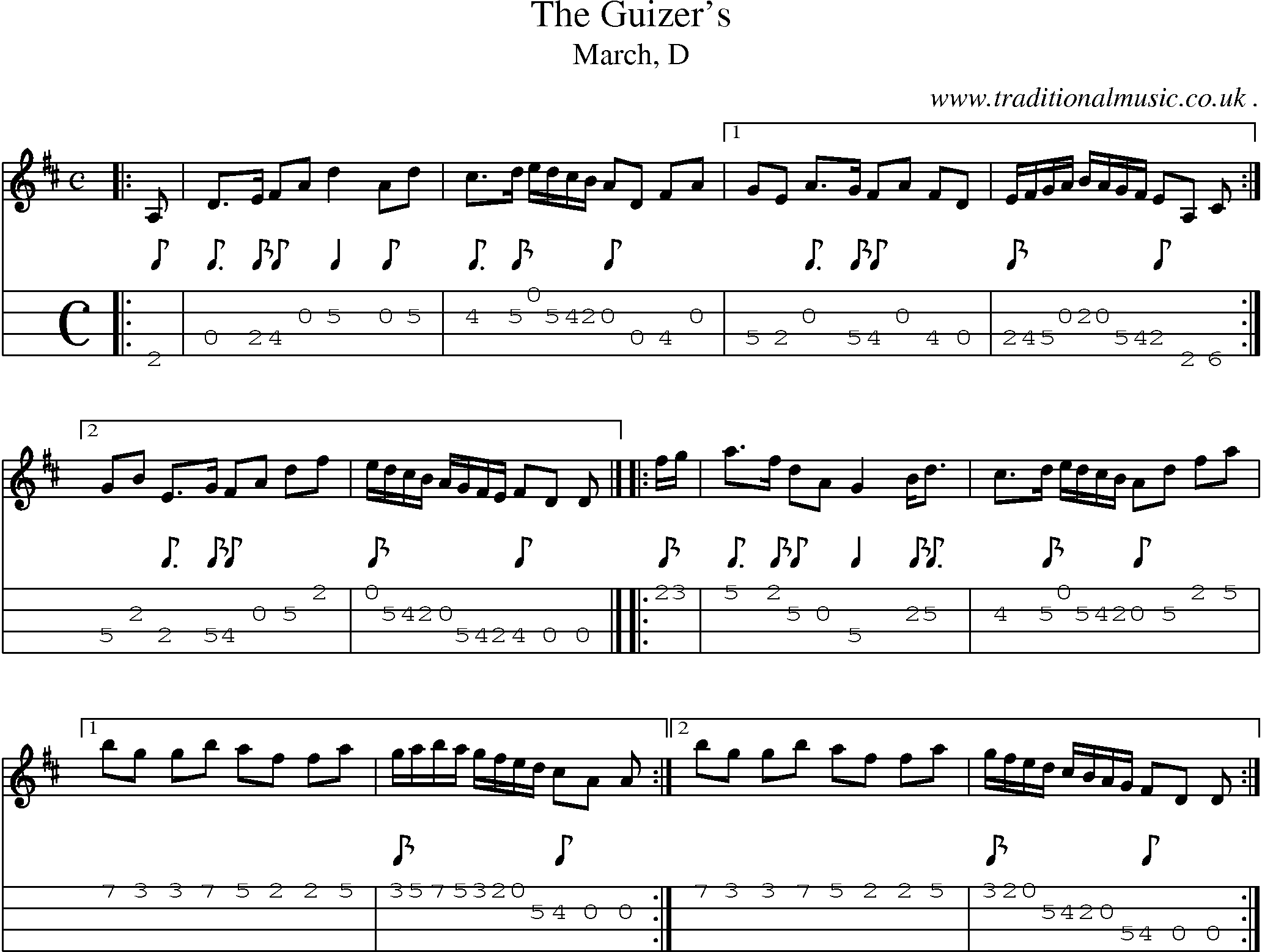 Sheet-music  score, Chords and Mandolin Tabs for The Guizers