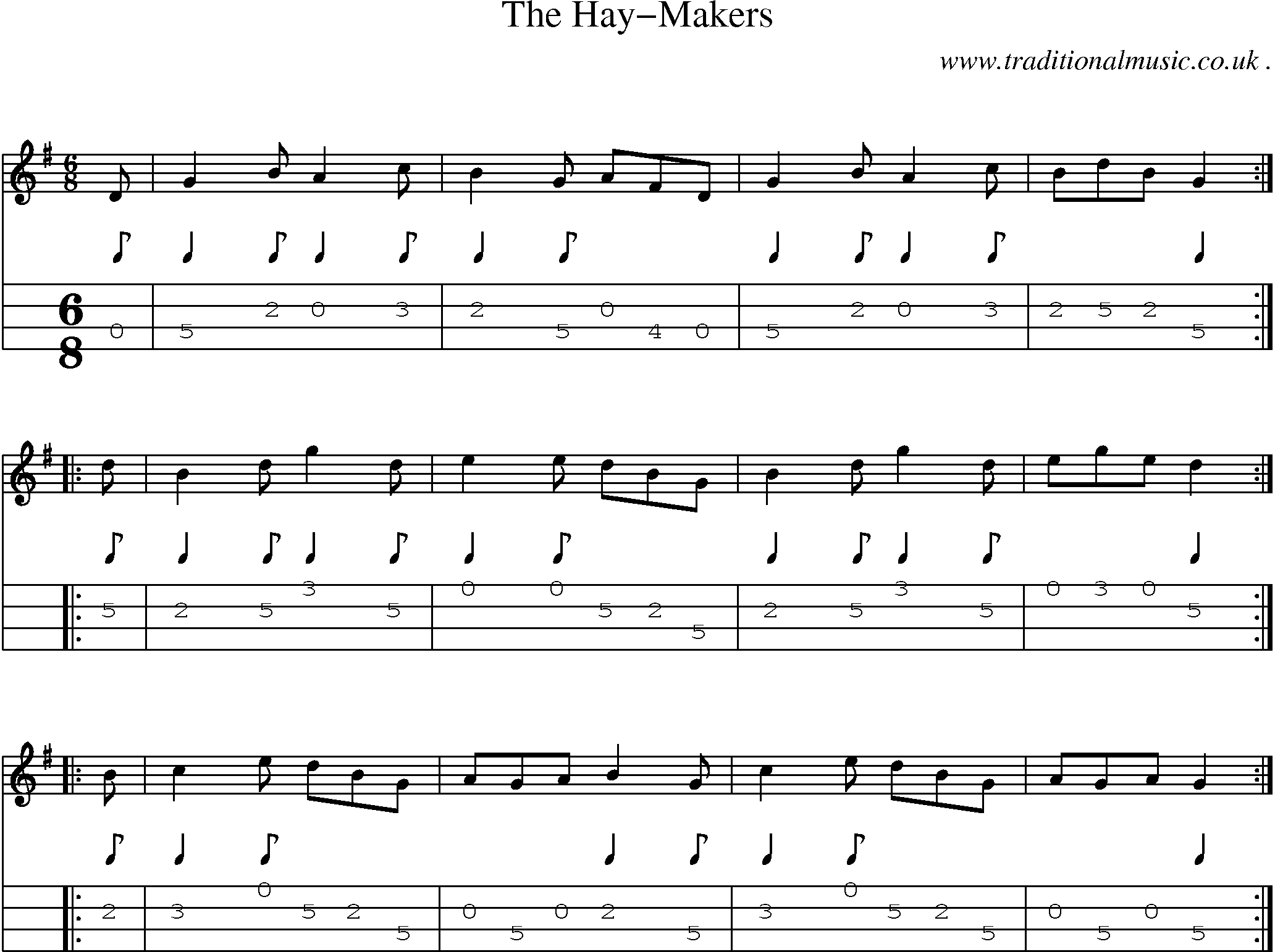 Sheet-music  score, Chords and Mandolin Tabs for The Hay-makers