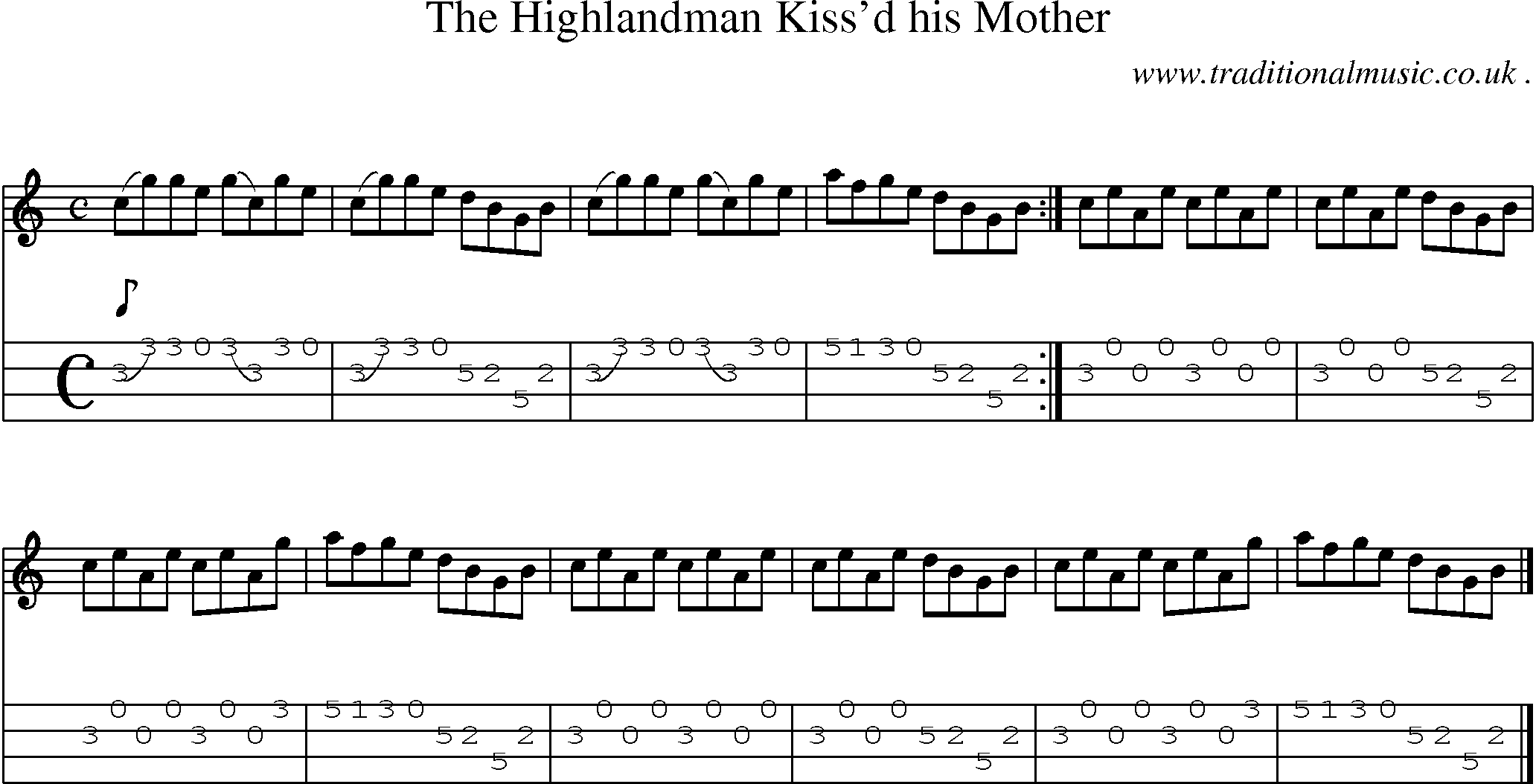 Sheet-music  score, Chords and Mandolin Tabs for The Highlandman Kissd His Mother