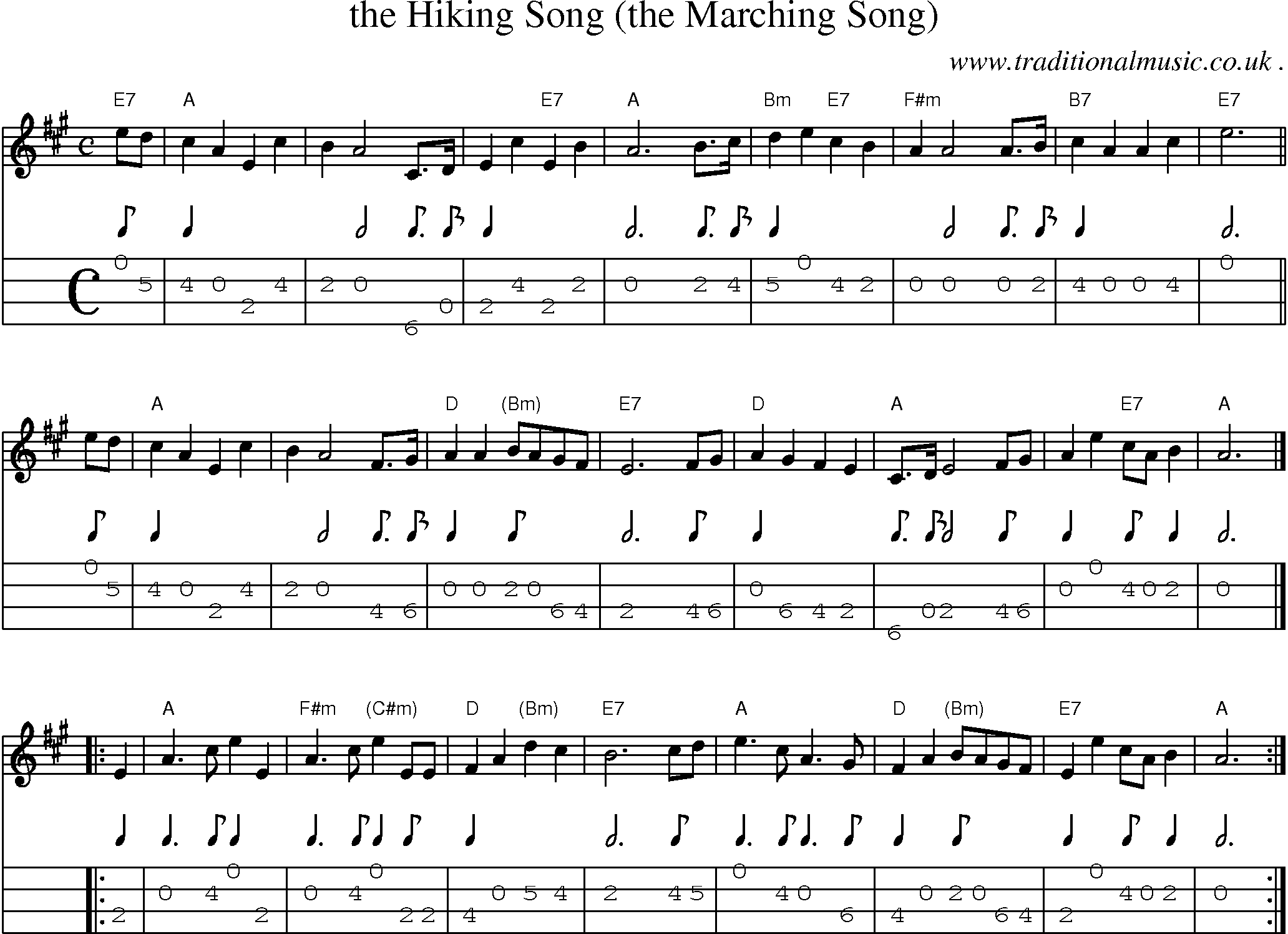 Sheet-music  score, Chords and Mandolin Tabs for The Hiking Song The Marching Song