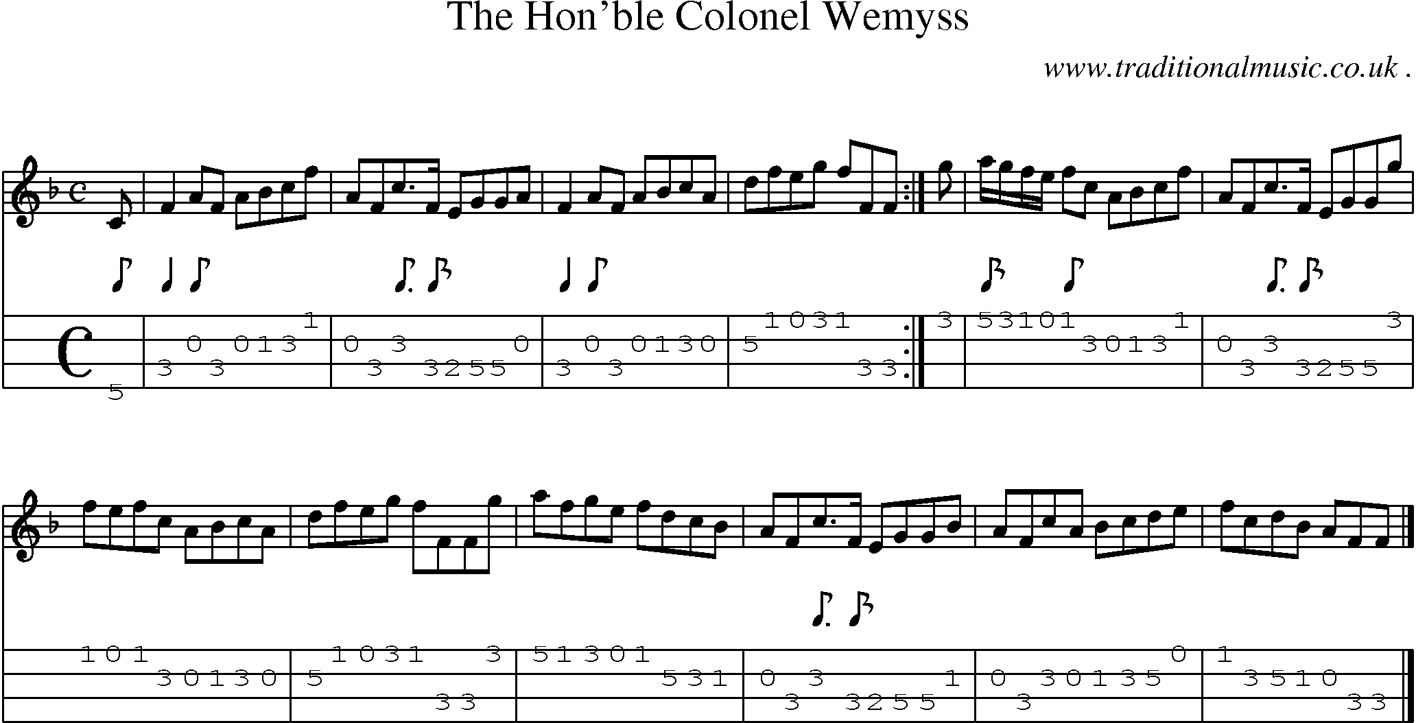 Sheet-music  score, Chords and Mandolin Tabs for The Honble Colonel Wemyss