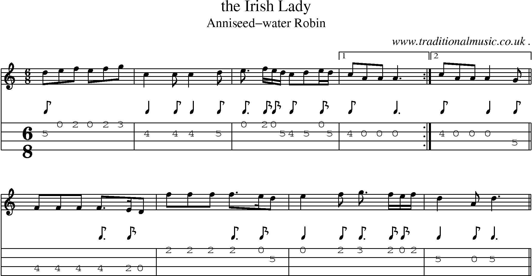 Sheet-music  score, Chords and Mandolin Tabs for The Irish Lady