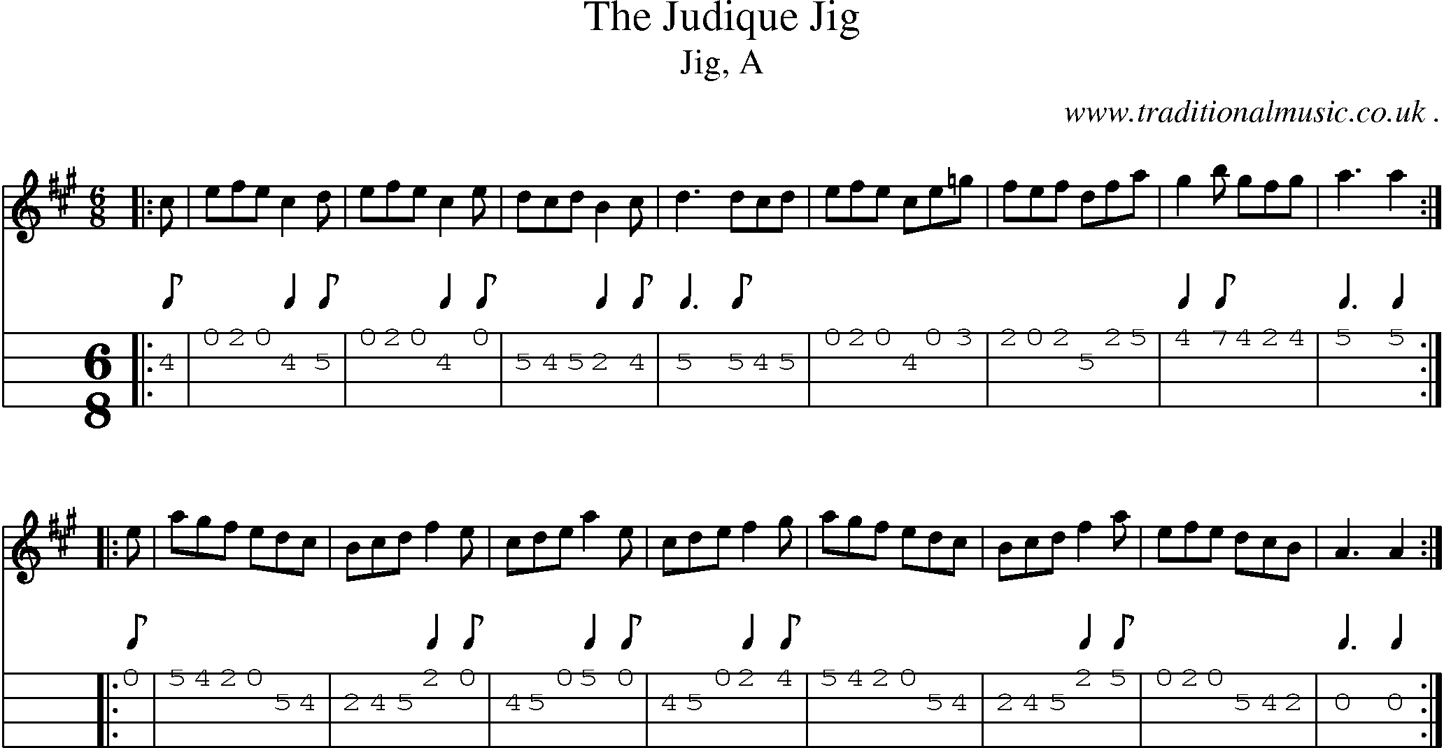 Sheet-music  score, Chords and Mandolin Tabs for The Judique Jig