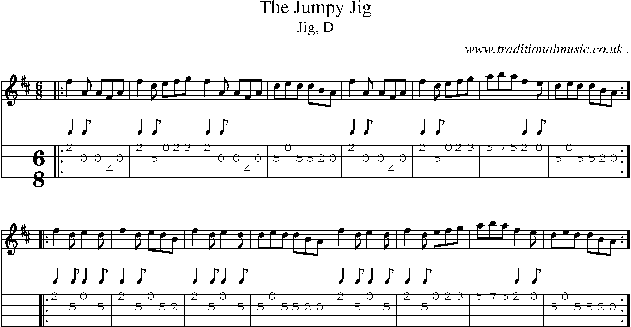 Sheet-music  score, Chords and Mandolin Tabs for The Jumpy Jig