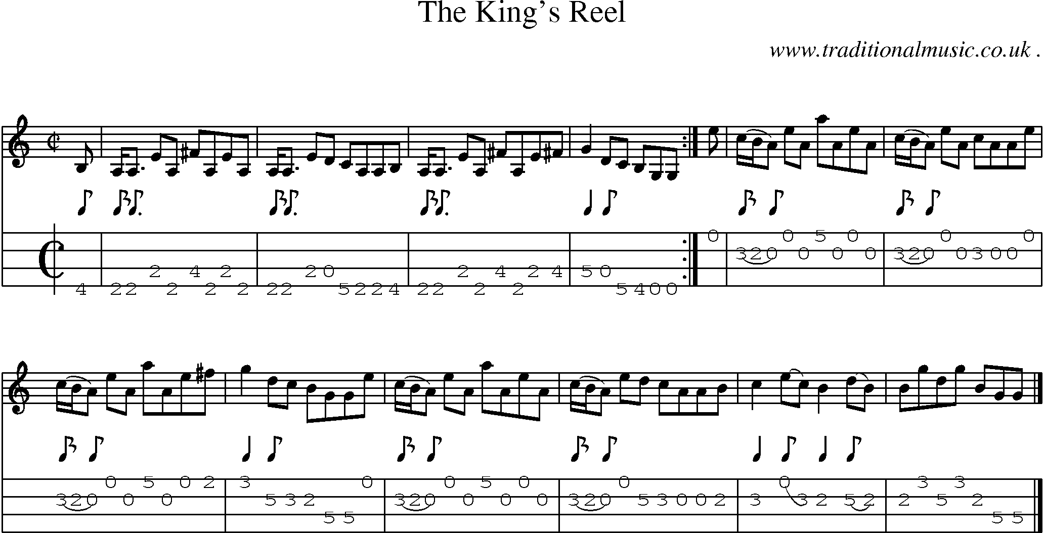 Sheet-music  score, Chords and Mandolin Tabs for The Kings Reel
