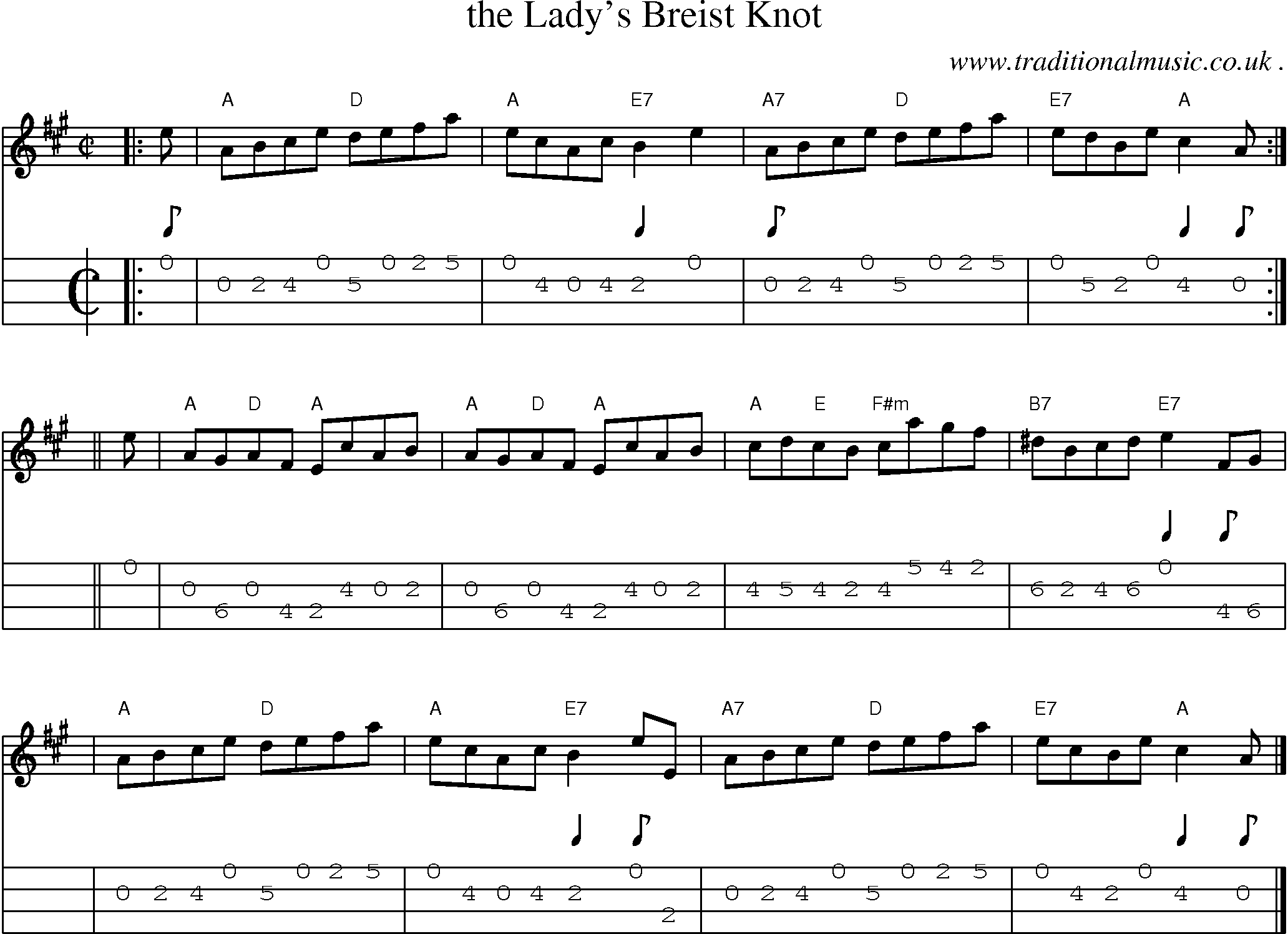 Sheet-music  score, Chords and Mandolin Tabs for The Ladys Breist Knot