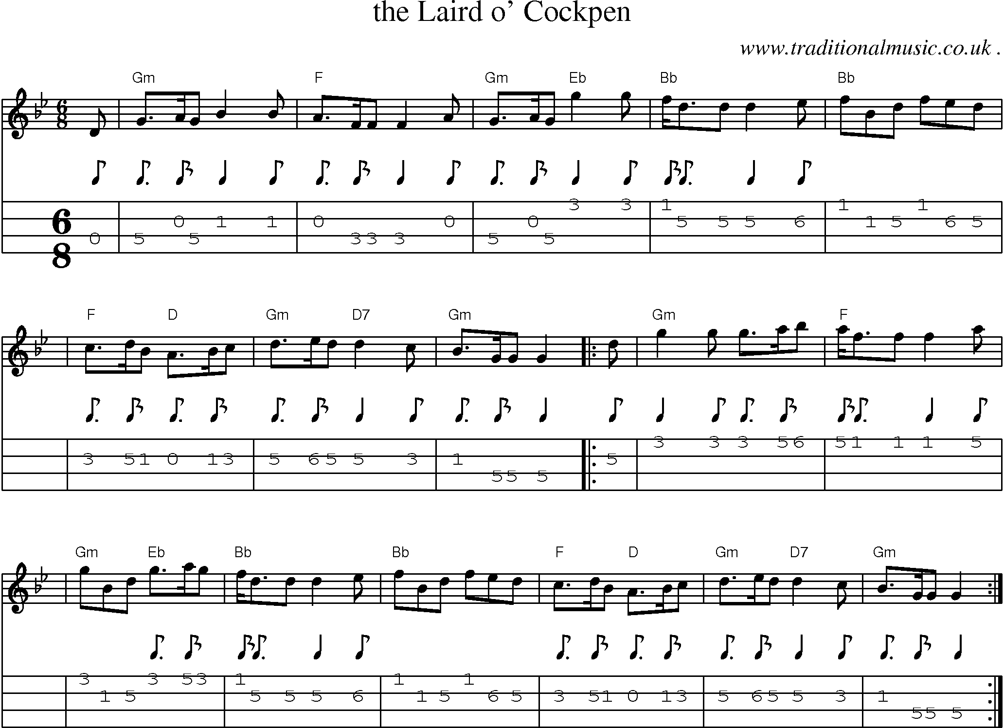 Sheet-music  score, Chords and Mandolin Tabs for The Laird O Cockpen