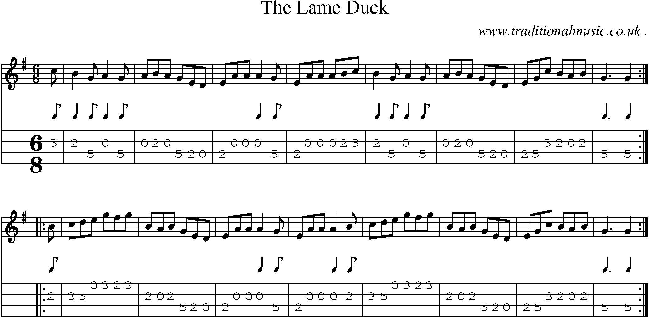 Sheet-music  score, Chords and Mandolin Tabs for The Lame Duck