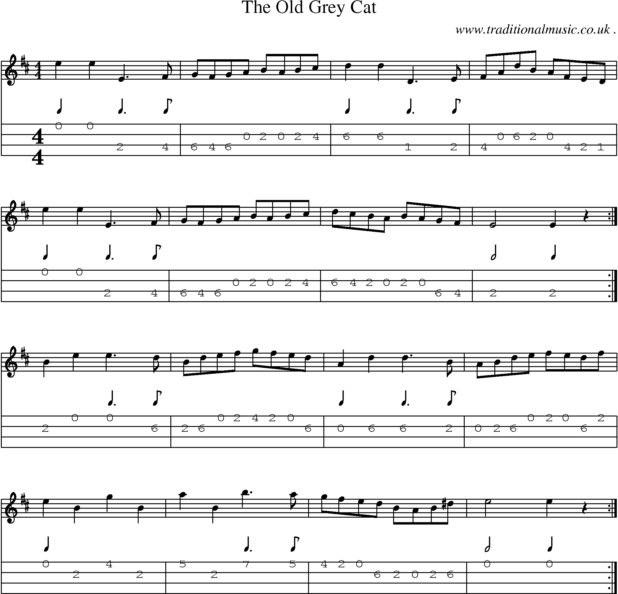 Sheet-music  score, Chords and Mandolin Tabs for The Old Grey Cat