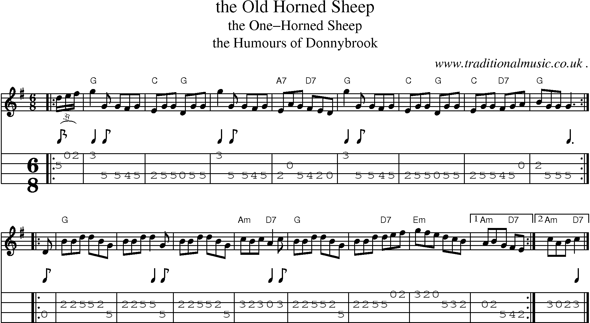 Sheet-music  score, Chords and Mandolin Tabs for The Old Horned Sheep