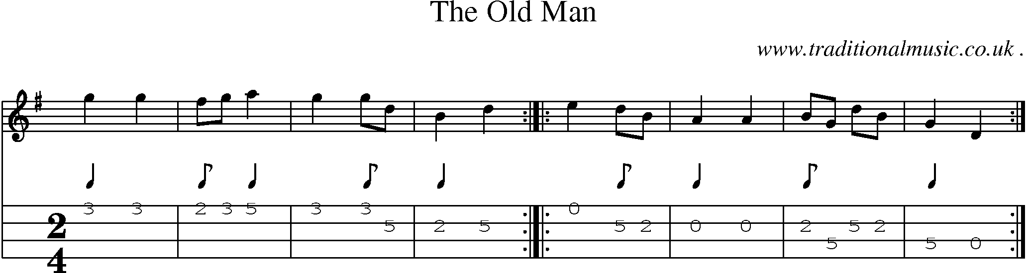 Sheet-music  score, Chords and Mandolin Tabs for The Old Man