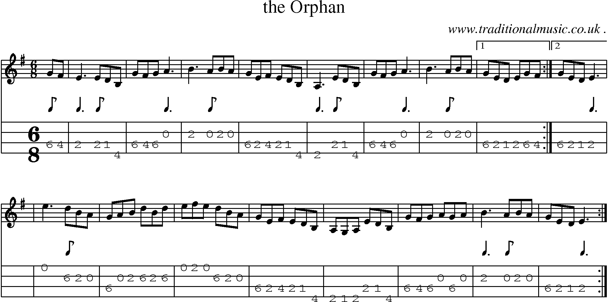 Sheet-music  score, Chords and Mandolin Tabs for The Orphan