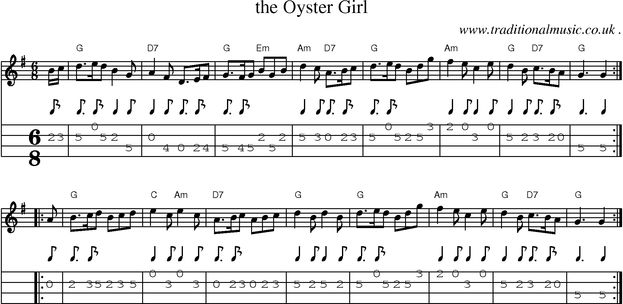 Sheet-music  score, Chords and Mandolin Tabs for The Oyster Girl