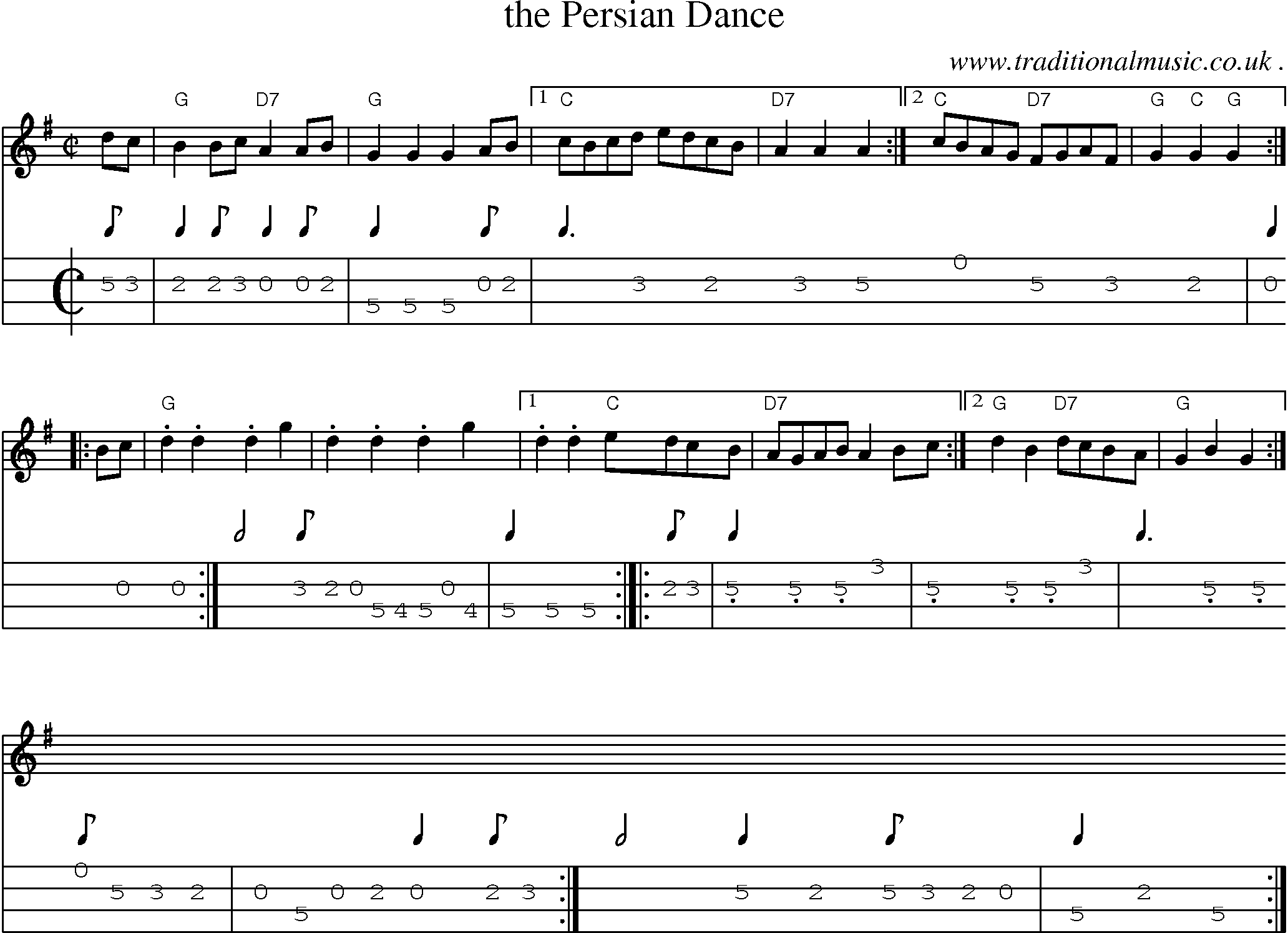 Sheet-music  score, Chords and Mandolin Tabs for The Persian Dance
