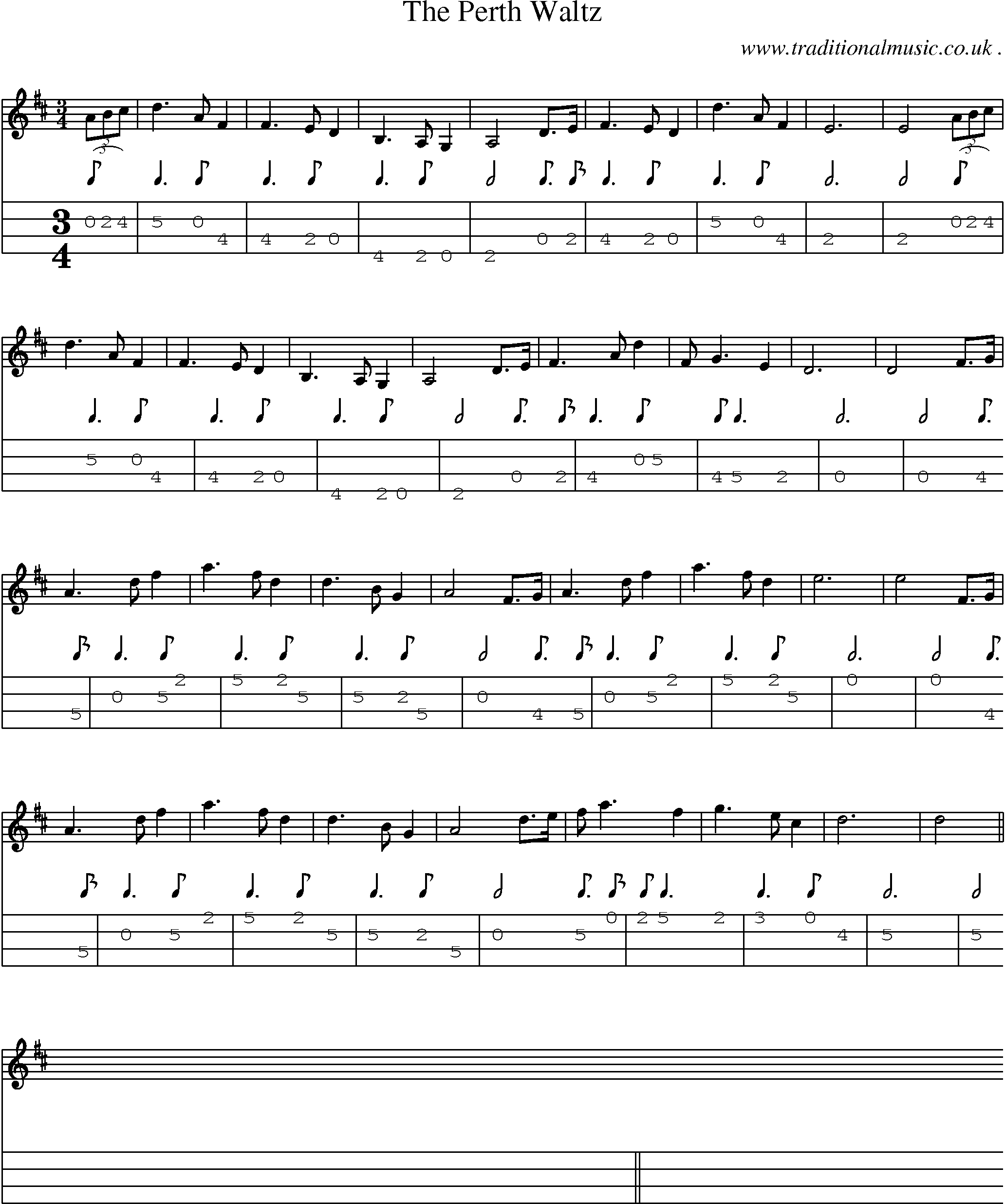 Sheet-music  score, Chords and Mandolin Tabs for The Perth Waltz