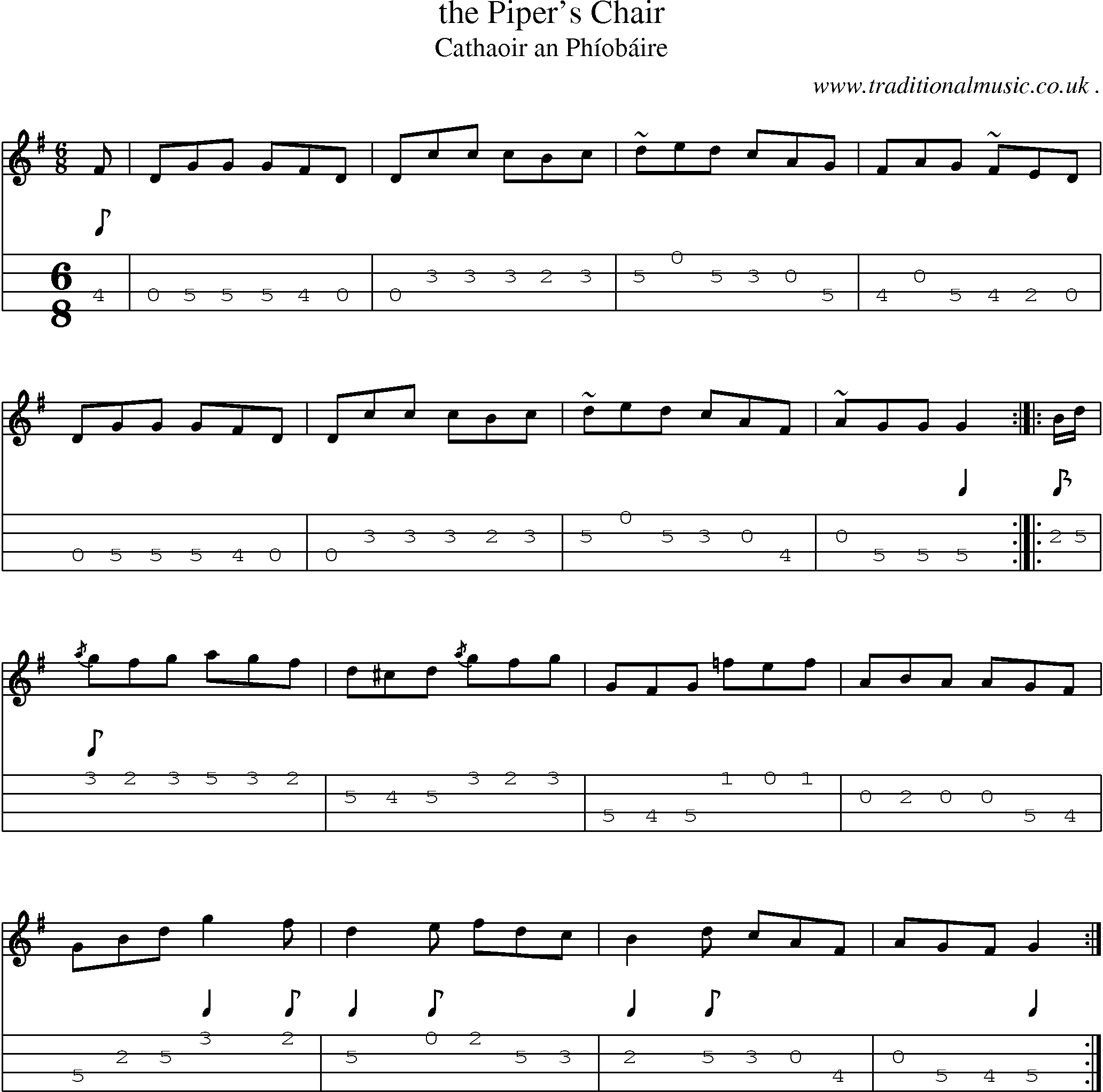 Sheet-music  score, Chords and Mandolin Tabs for The Pipers Chair