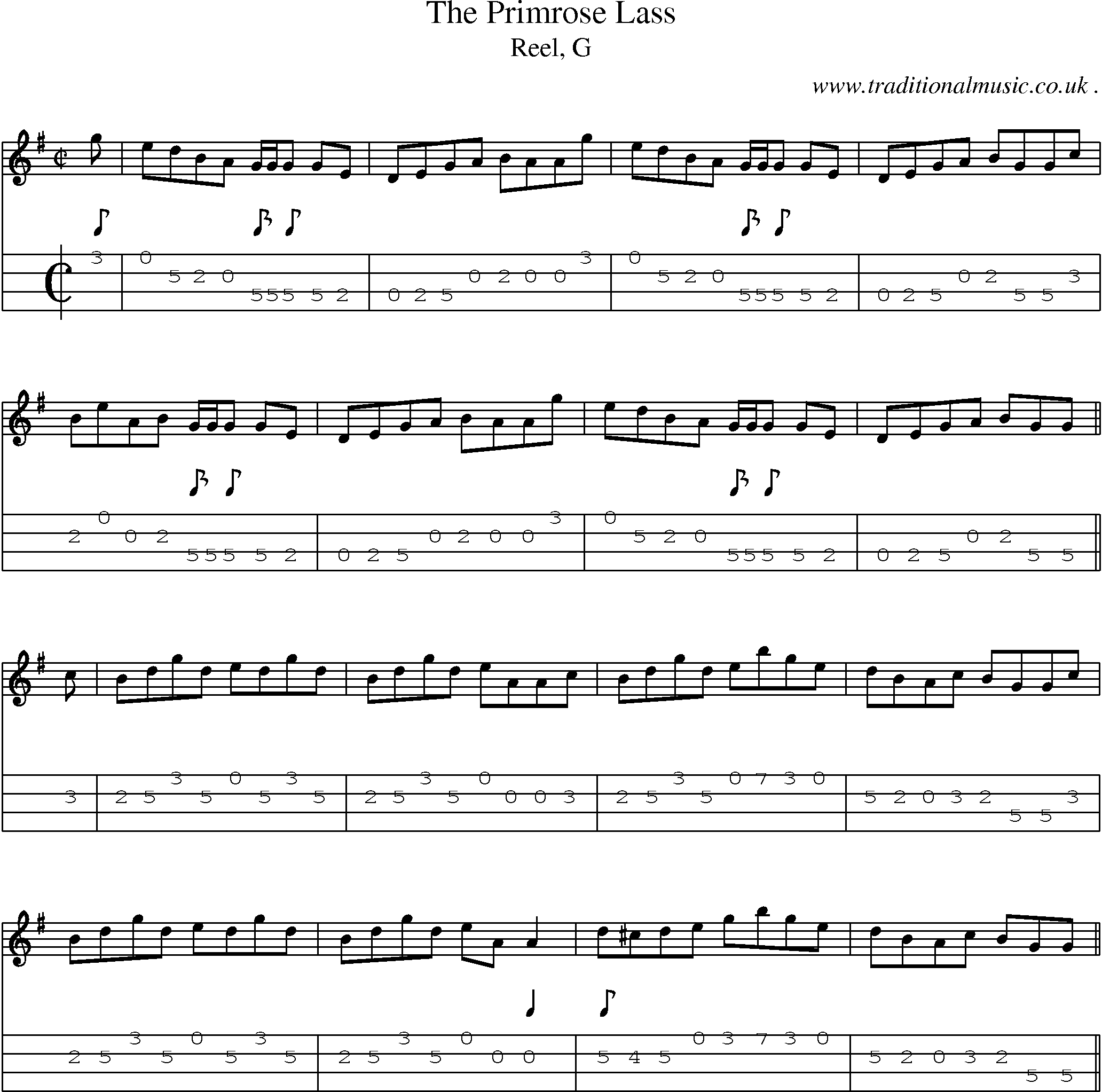 Sheet-music  score, Chords and Mandolin Tabs for The Primrose Lass