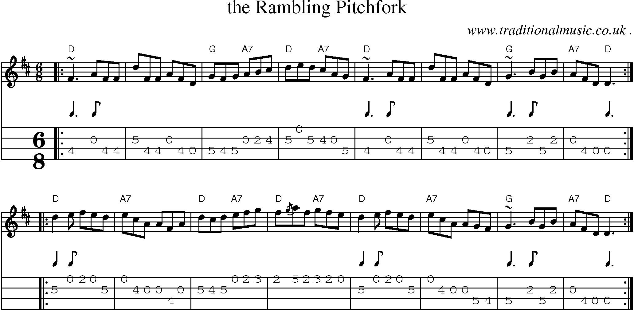 Sheet-music  score, Chords and Mandolin Tabs for The Rambling Pitchfork