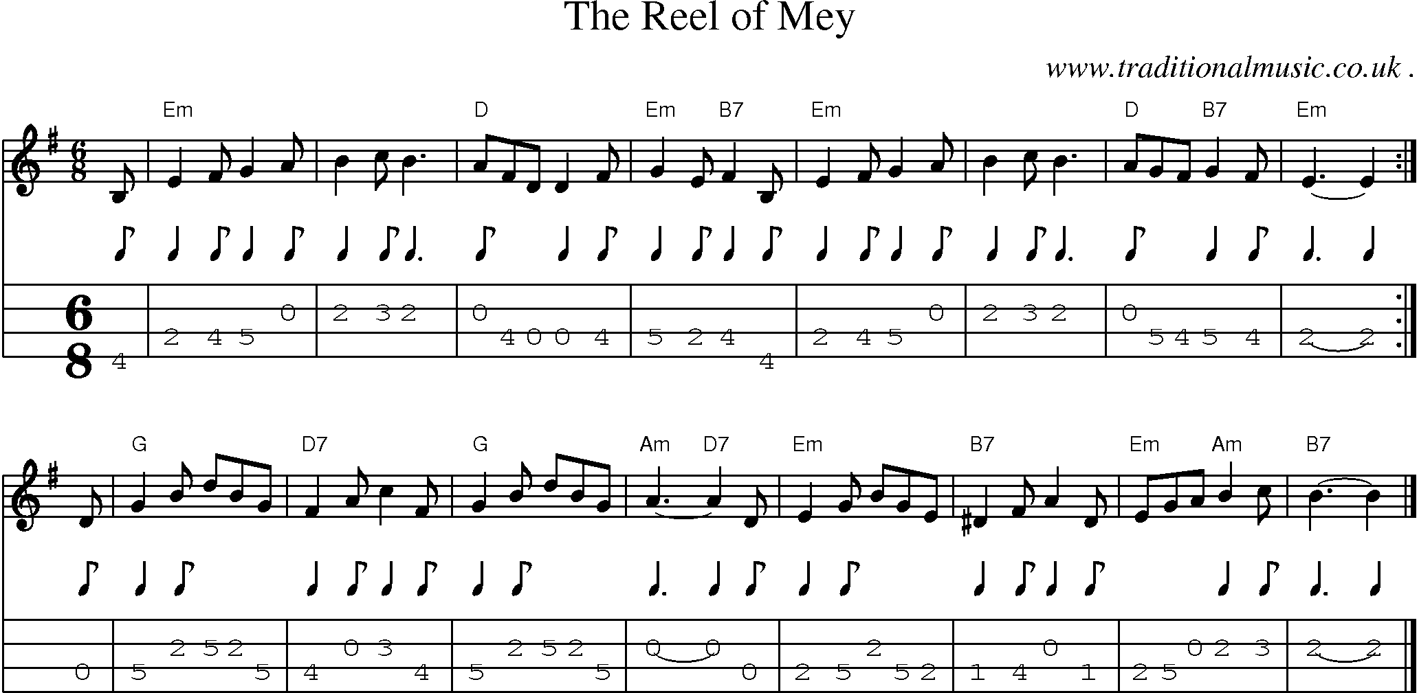 Sheet-music  score, Chords and Mandolin Tabs for The Reel Of Mey