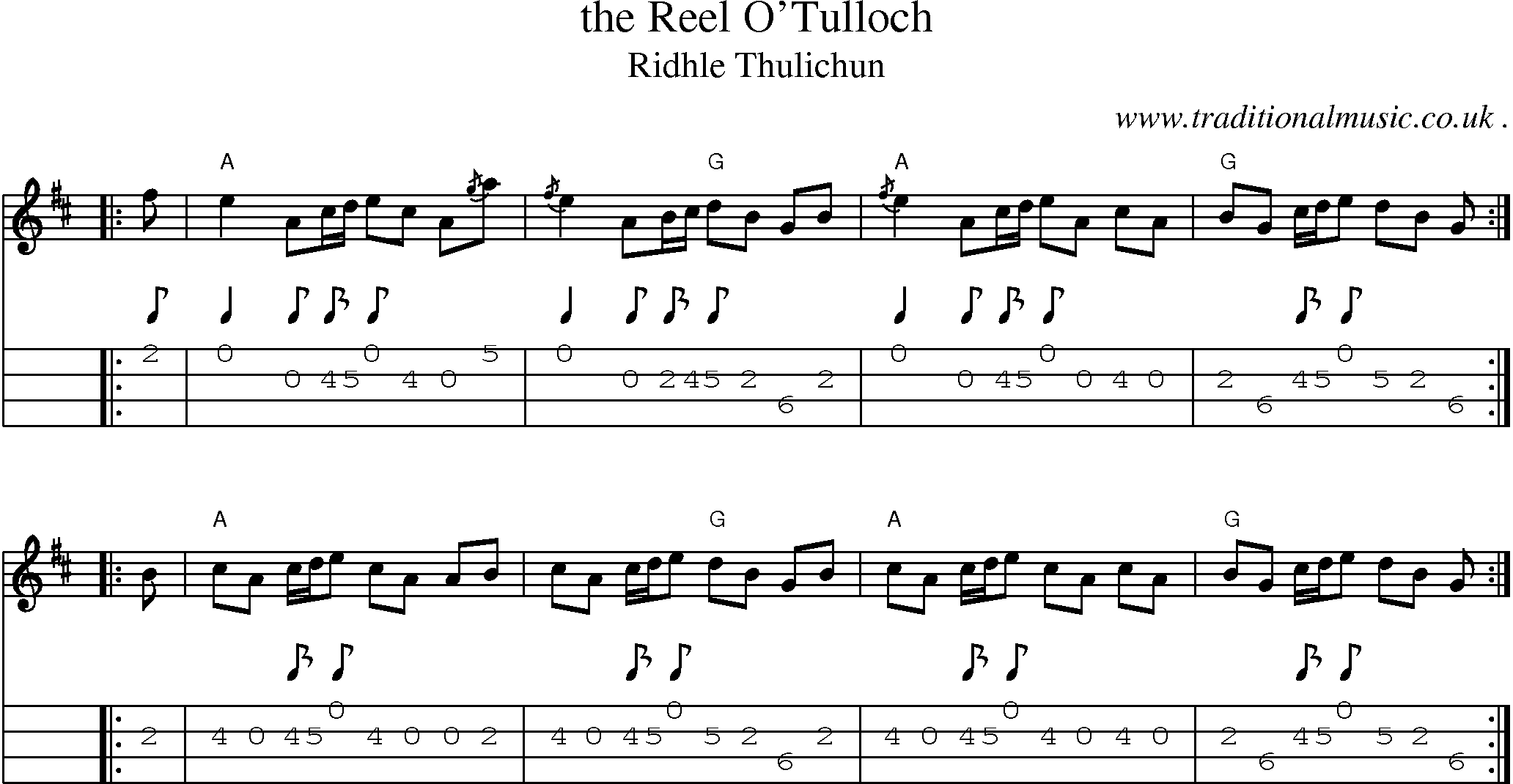 Sheet-music  score, Chords and Mandolin Tabs for The Reel Otulloch