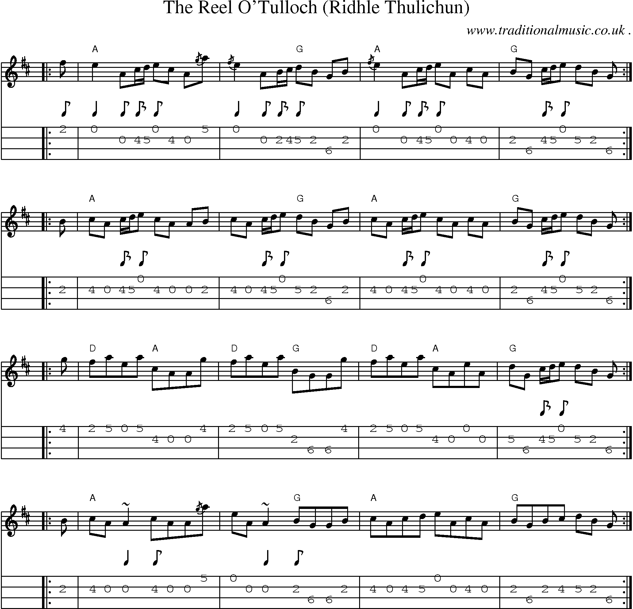 Sheet-music  score, Chords and Mandolin Tabs for The Reel Otulloch Ridhle Thulichun