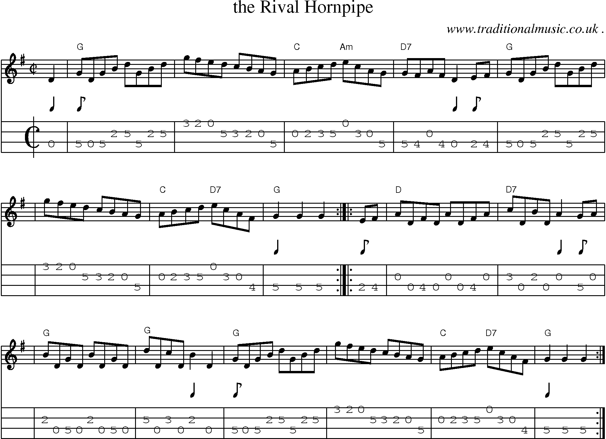 Sheet-music  score, Chords and Mandolin Tabs for The Rival Hornpipe