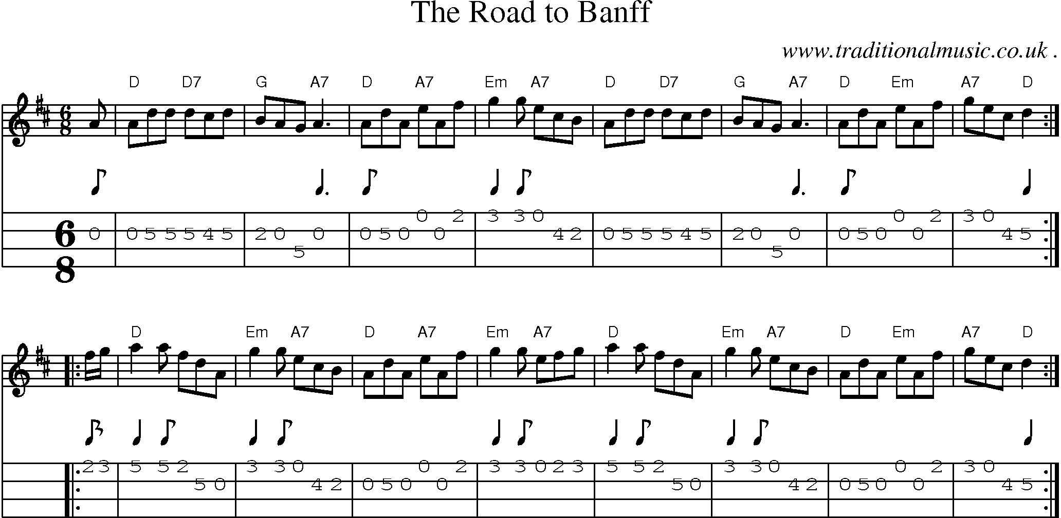 Sheet-music  score, Chords and Mandolin Tabs for The Road To Banff