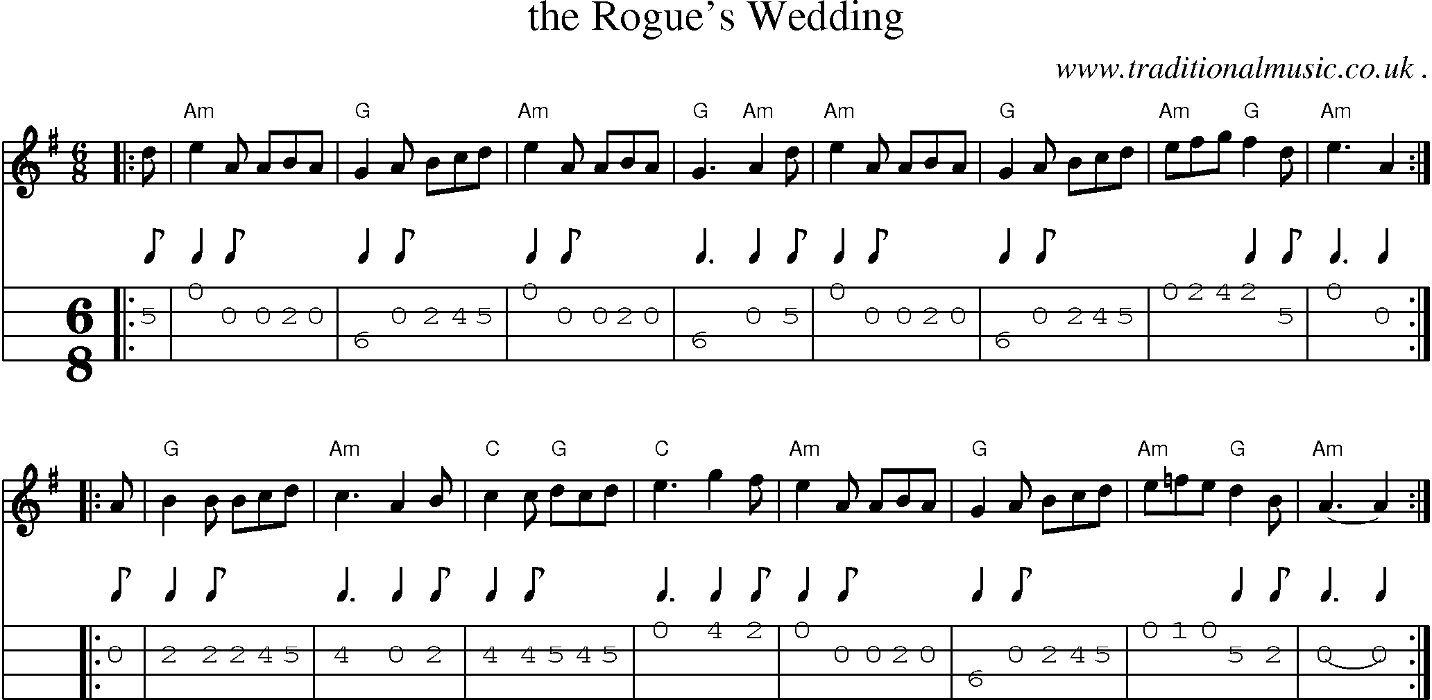 Sheet-music  score, Chords and Mandolin Tabs for The Rogues Wedding