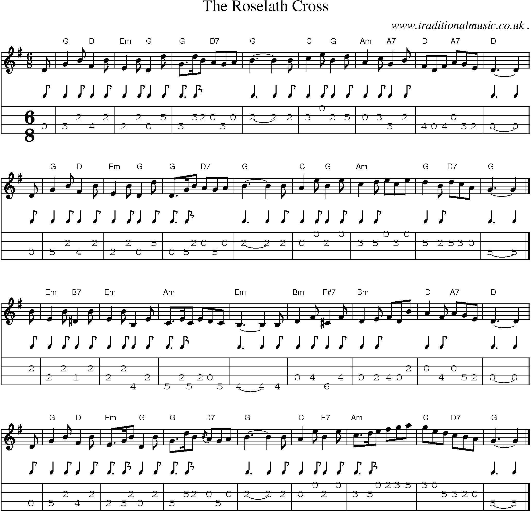 Sheet-music  score, Chords and Mandolin Tabs for The Roselath Cross