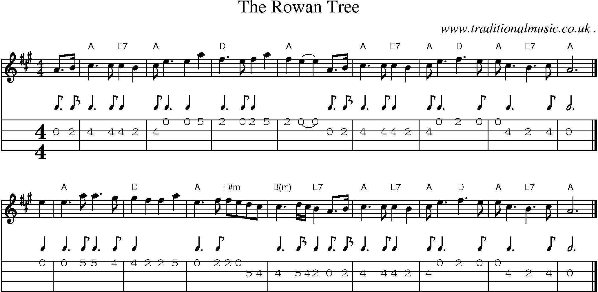 Sheet-music  score, Chords and Mandolin Tabs for The Rowan Tree