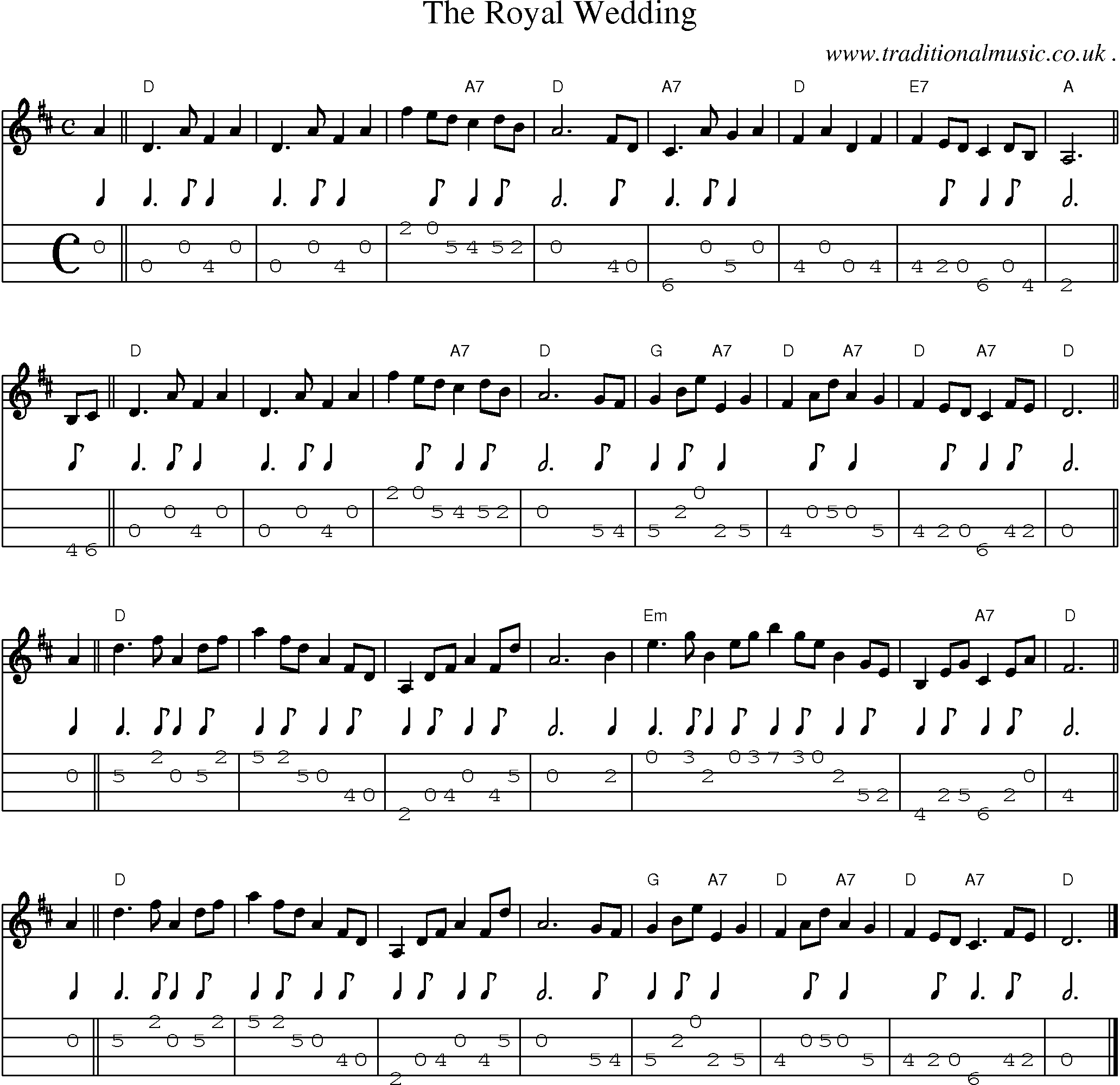 Sheet-music  score, Chords and Mandolin Tabs for The Royal Wedding
