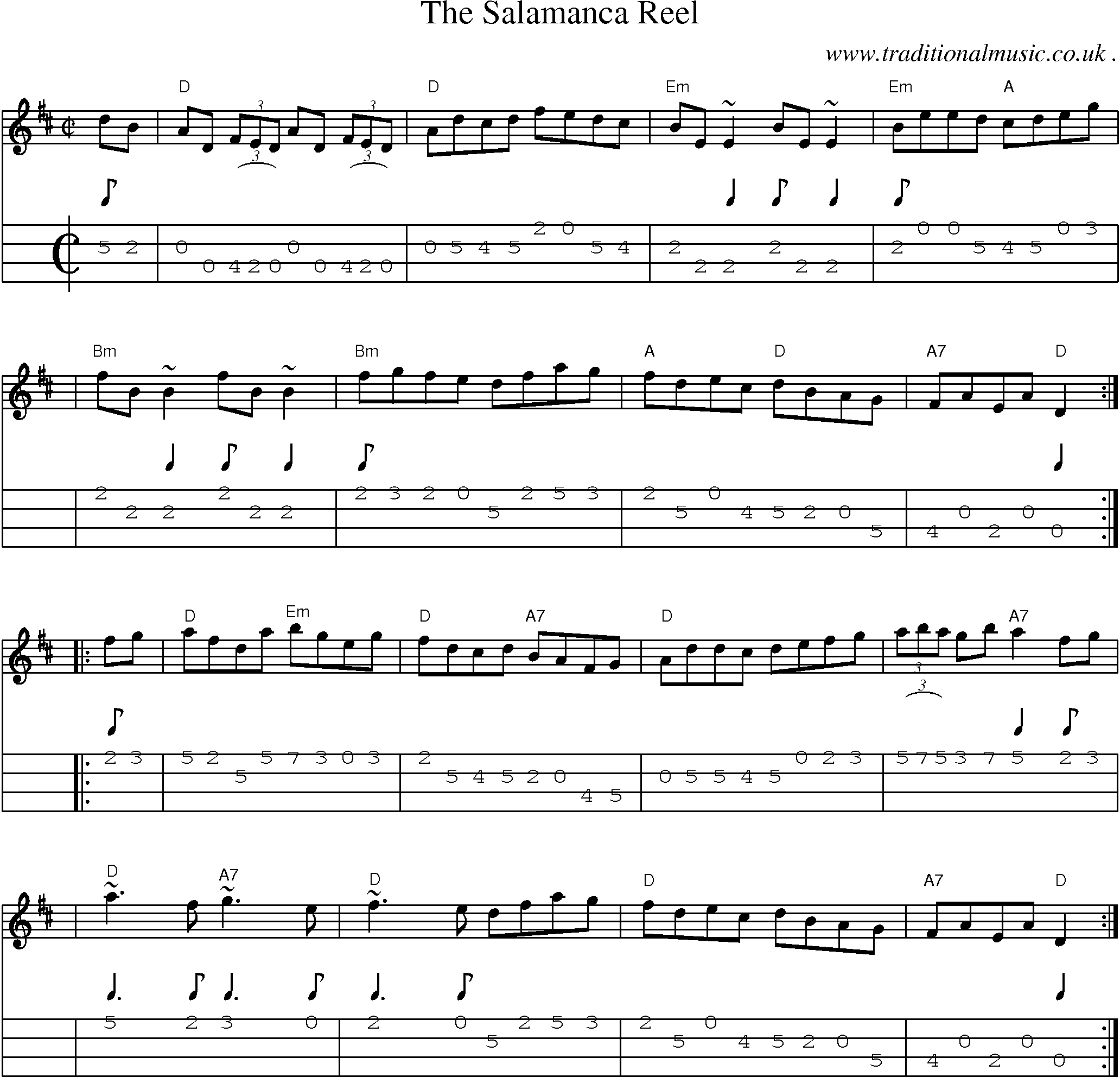 Sheet-music  score, Chords and Mandolin Tabs for The Salamanca Reel