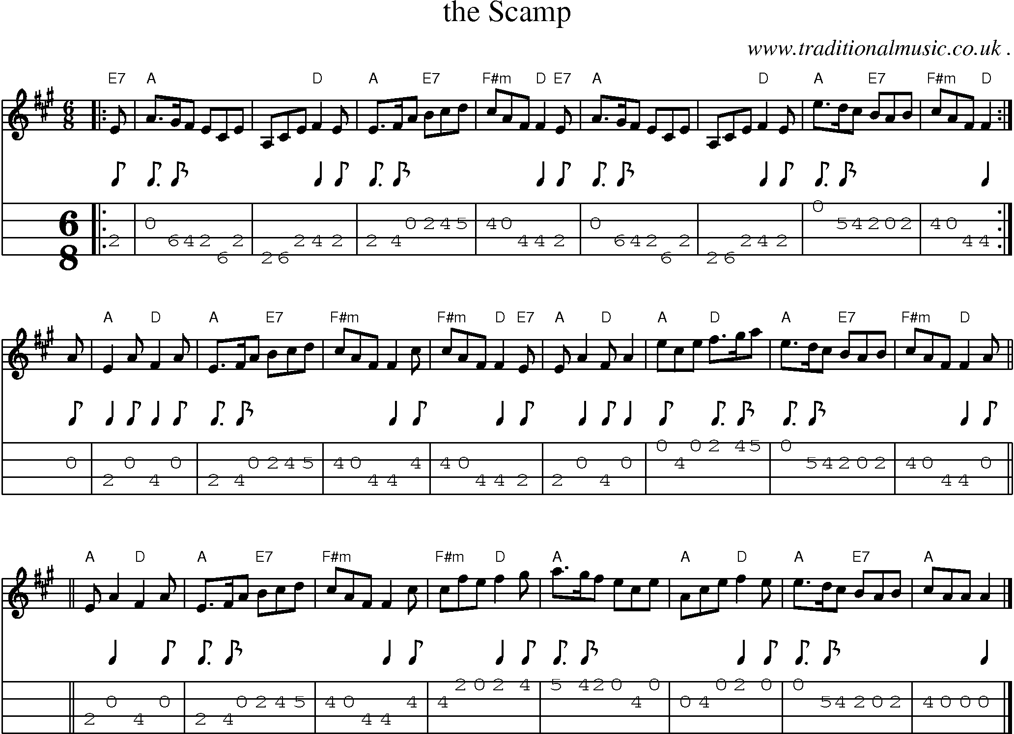 Sheet-music  score, Chords and Mandolin Tabs for The Scamp